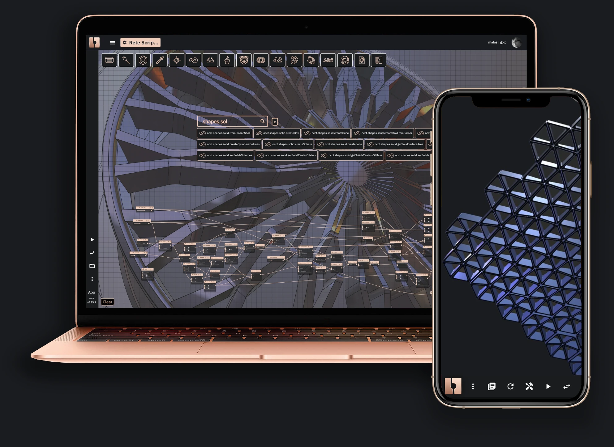 Picture of the macbook pro and an iphone containing software screenshots with visual programming environment for geometry.
