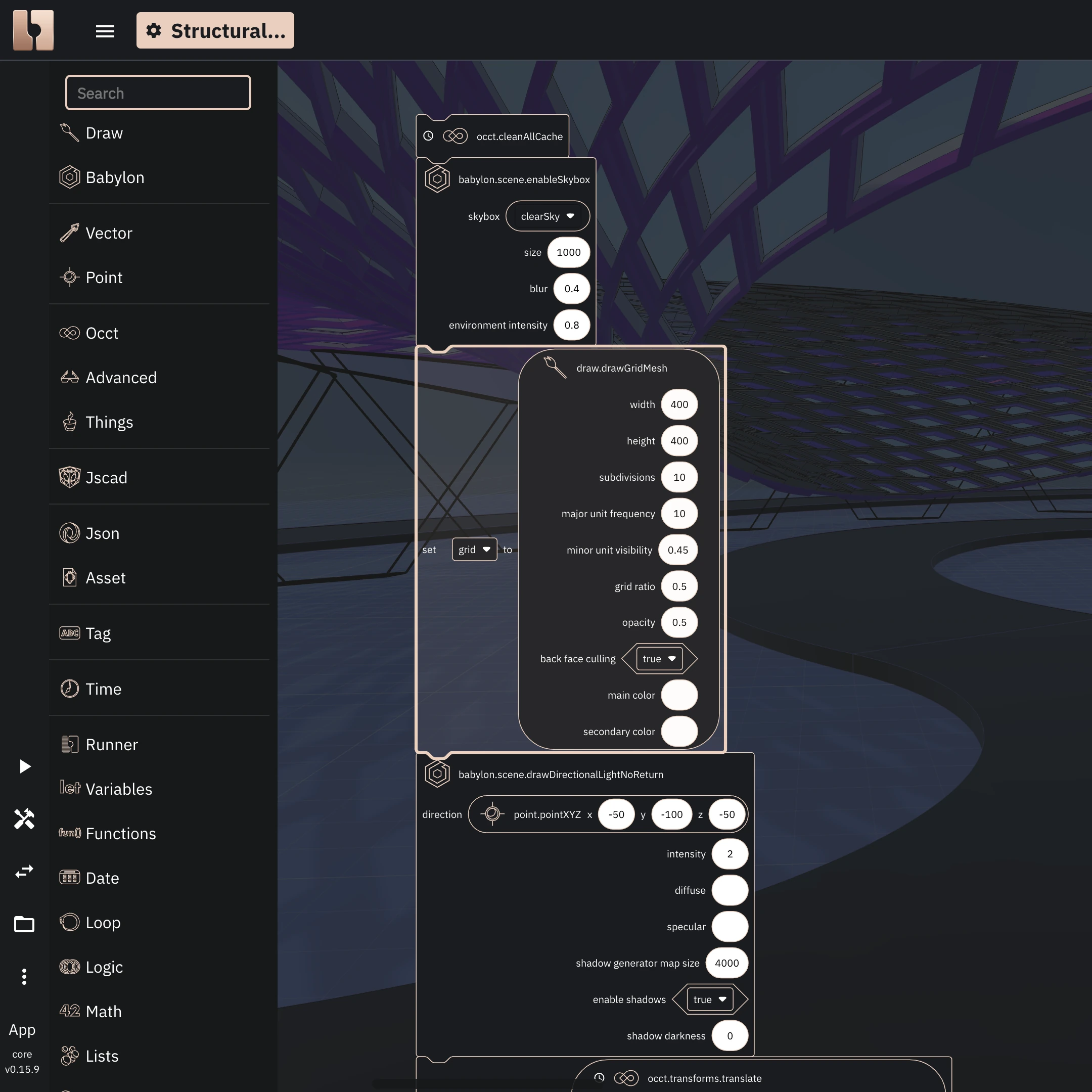 Blockly editor containing 3D geometry scripted by visual components.