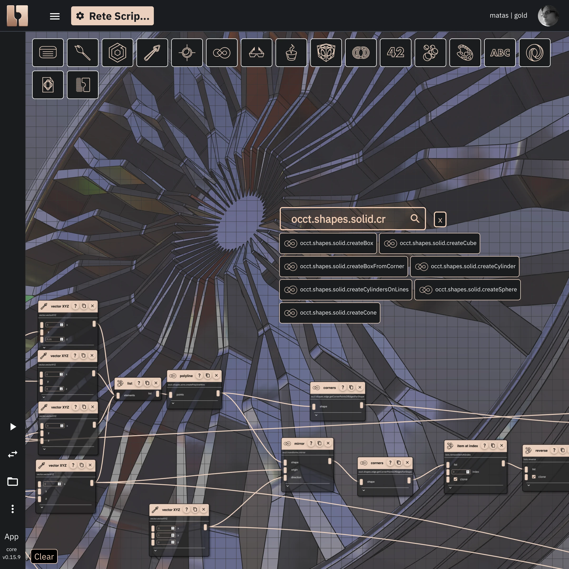 Rete editor containing wired visual components on top of 3D geometry.