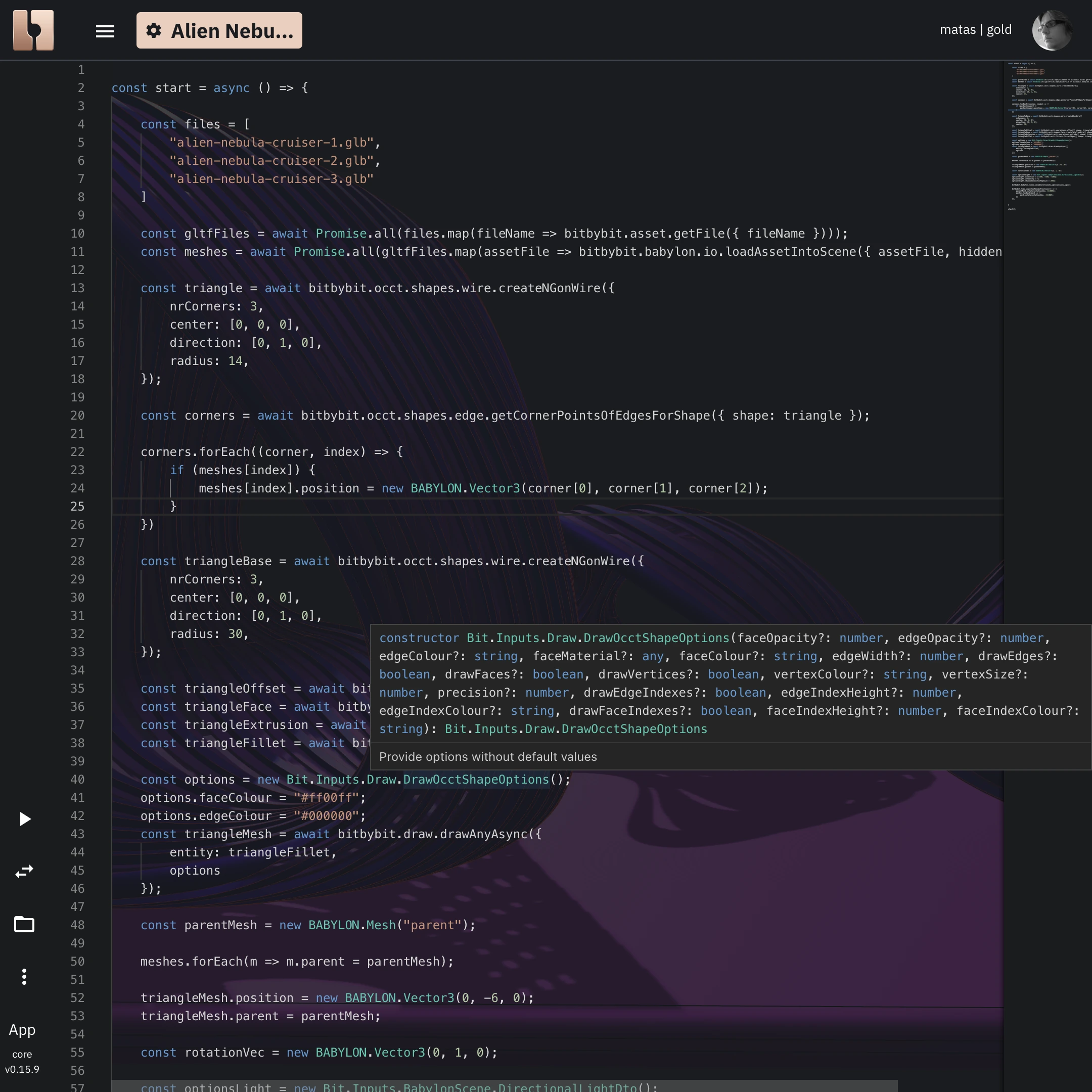 TypeScript editor containing text based code overlayed on top of 3D parametric geometry..