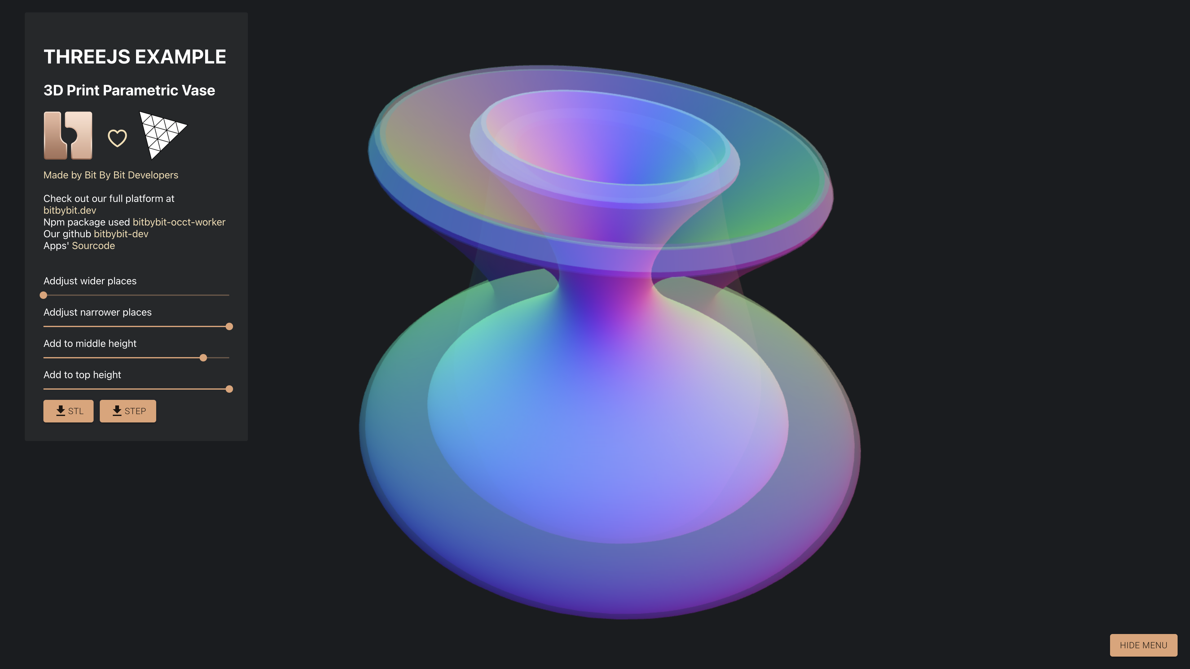 Picture showing bitbybit threejs example app