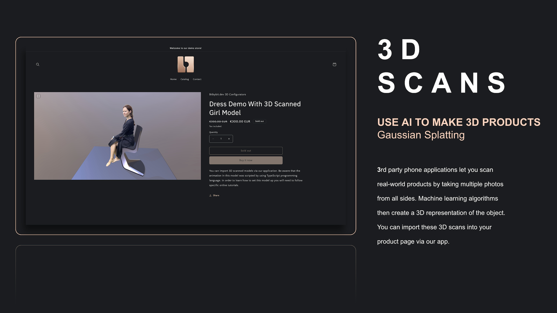 Showcasing products as high-fidelity 3D Gaussian Splatting scans within a Shopify store.