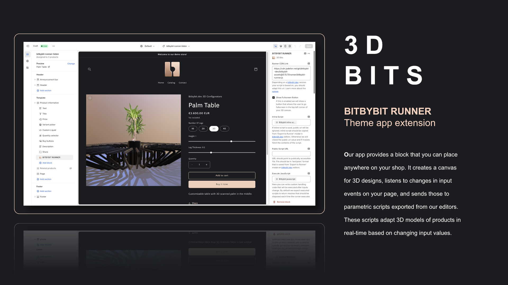 Example of the BITBYBIT RUNNER theme app extension block in the Shopify theme editor.