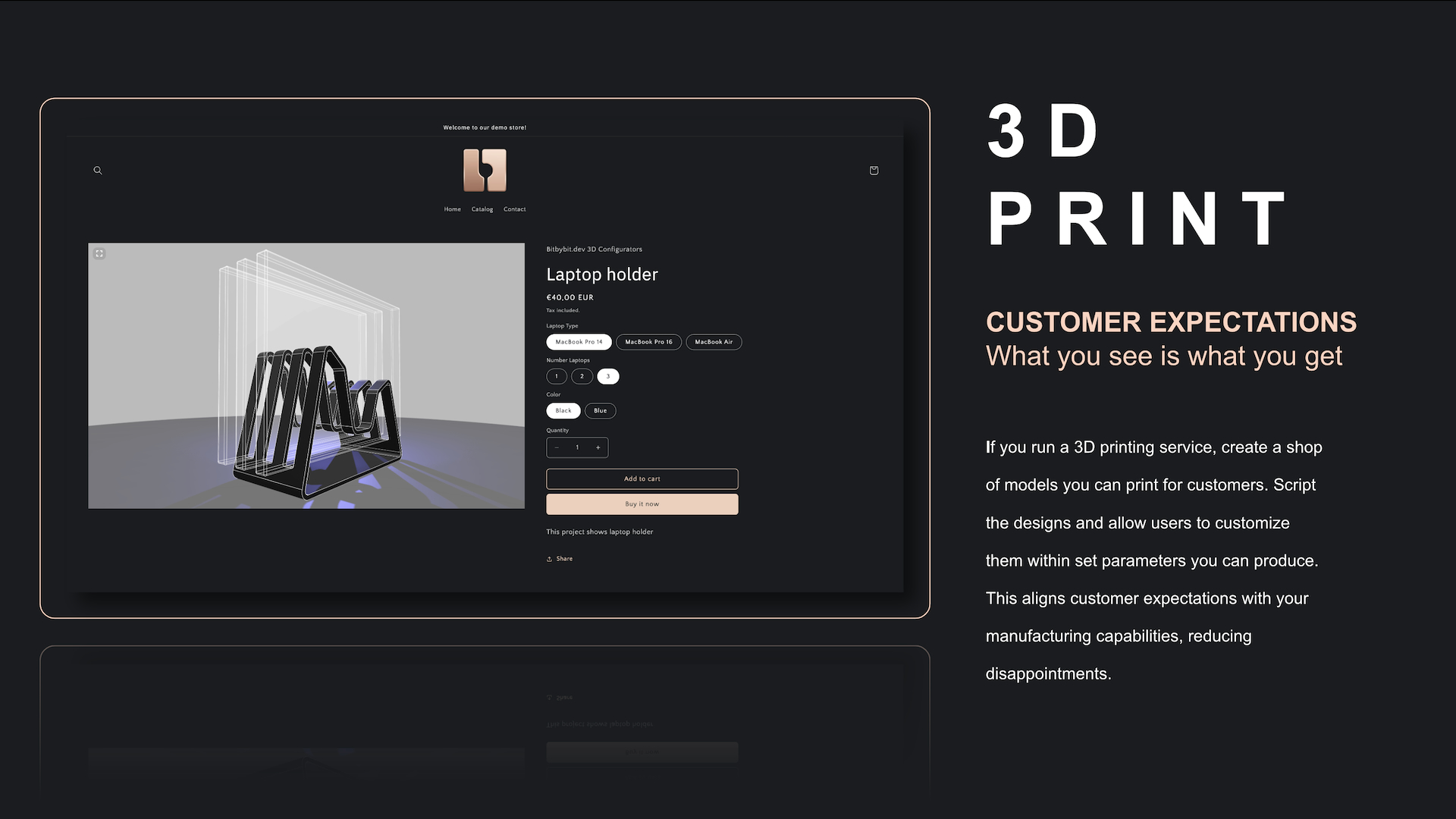 A 3D printed laptop holder configurator, showcasing parametric design capabilities for custom manufacturing.
