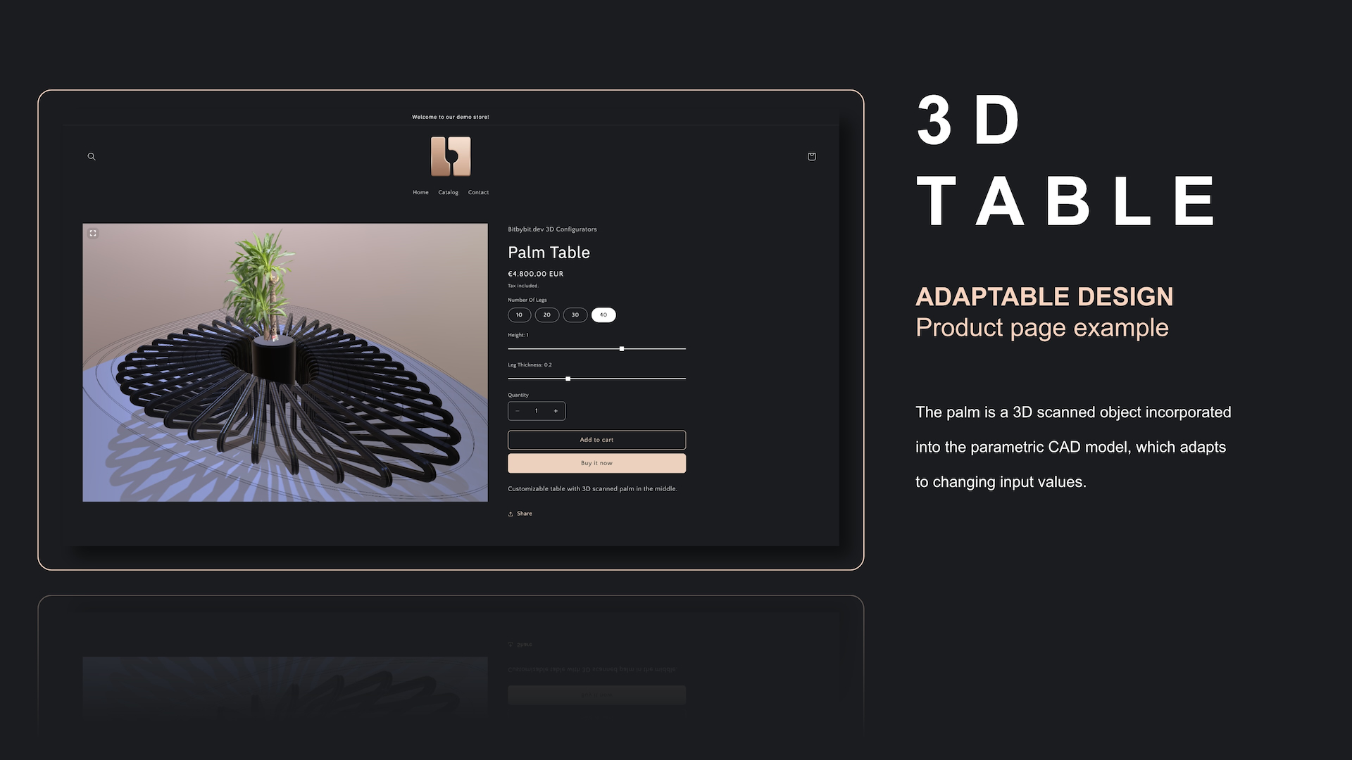 A 3D product page featuring a parametric table design within an interactive 3D canvas, demonstrating the native feel of the 3D Bits app.