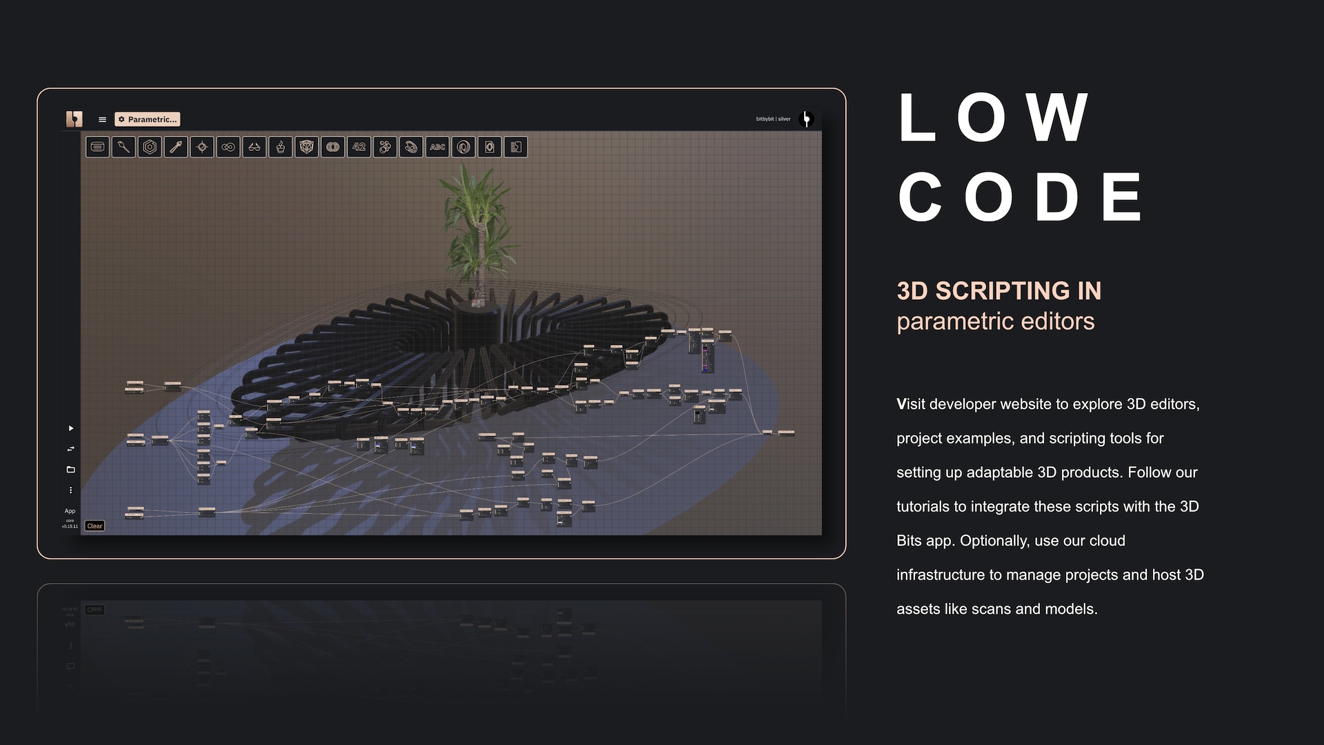 Rete editor showing a parametric design script for a table with an imported Gaussian Splat palm tree.