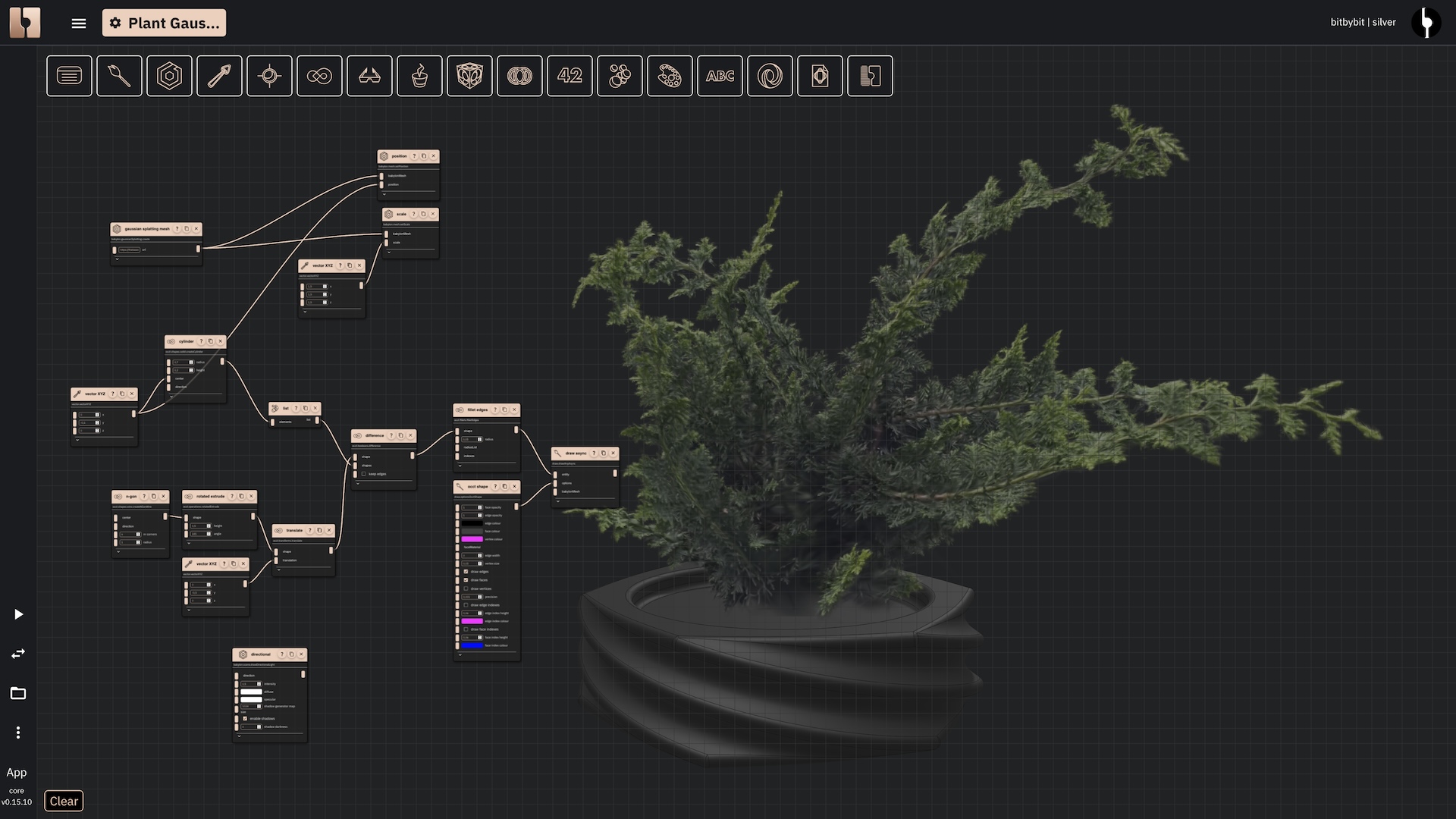 Rete editor showing a Gaussian Splatting 3D scan of a plant placed within a CAD-designed vase.