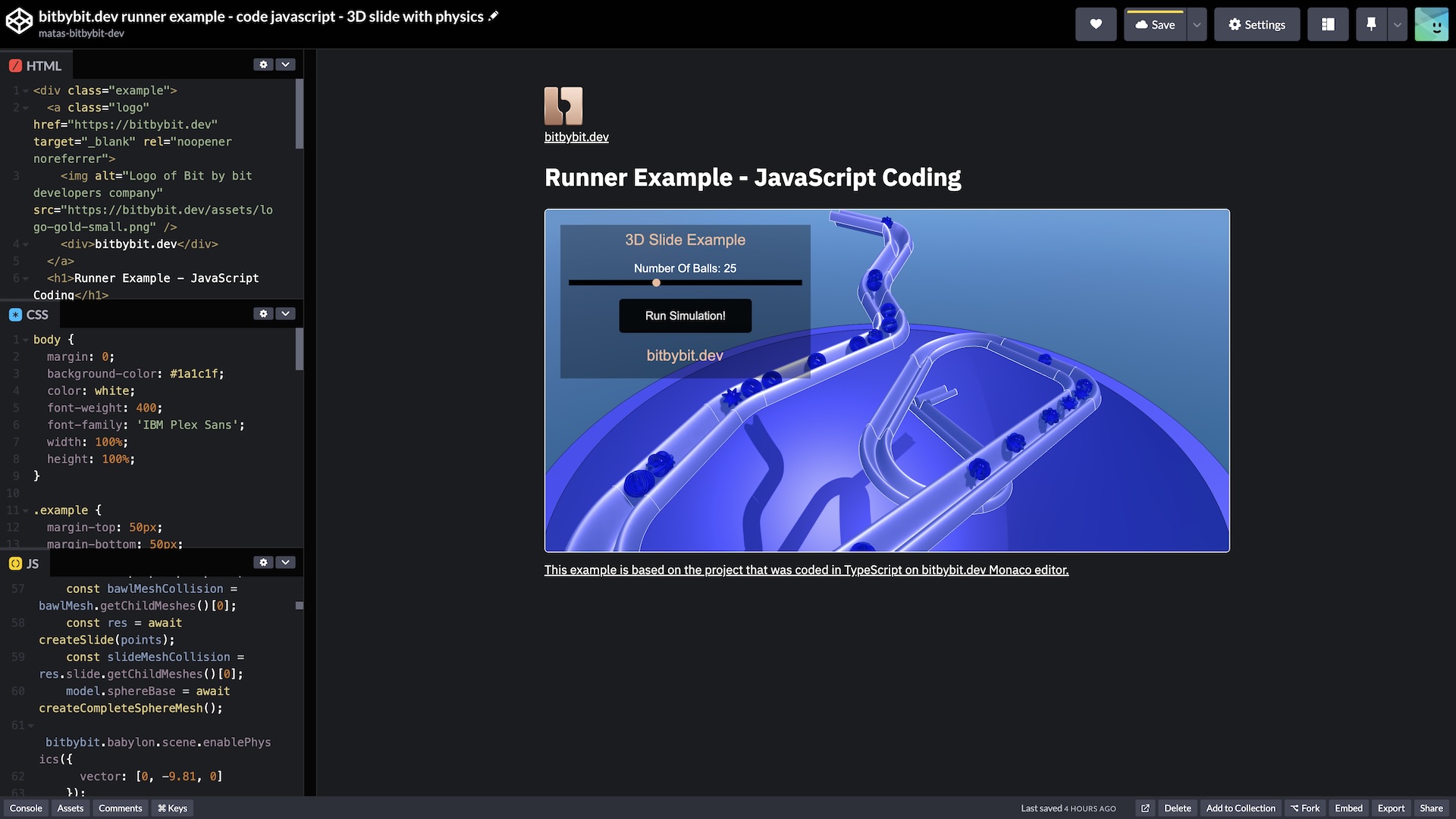 CodePen editor showing a 3D slide with a Havok physics simulation of rolling balls, coded using BITBYBIT-RUNNER.JS.