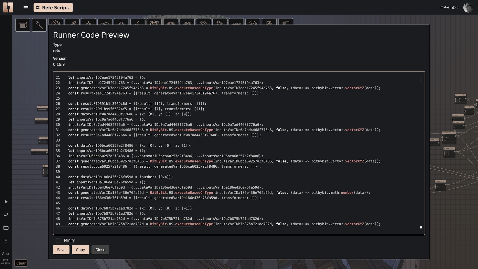 Dialog showing the generated JavaScript code ready for execution by the Bitbybit Runner.