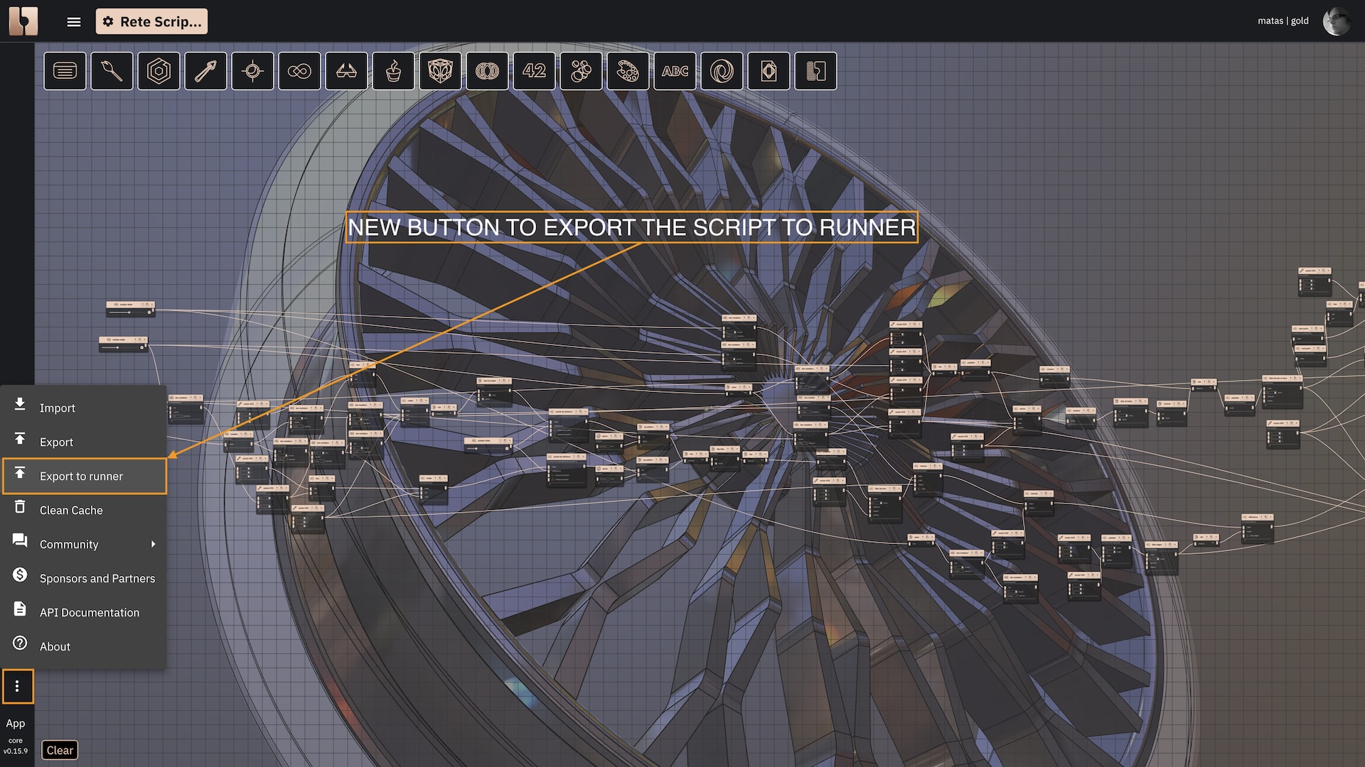 Button to export script to the runner, found in the "More Actions" menu of Bitbybit editors.