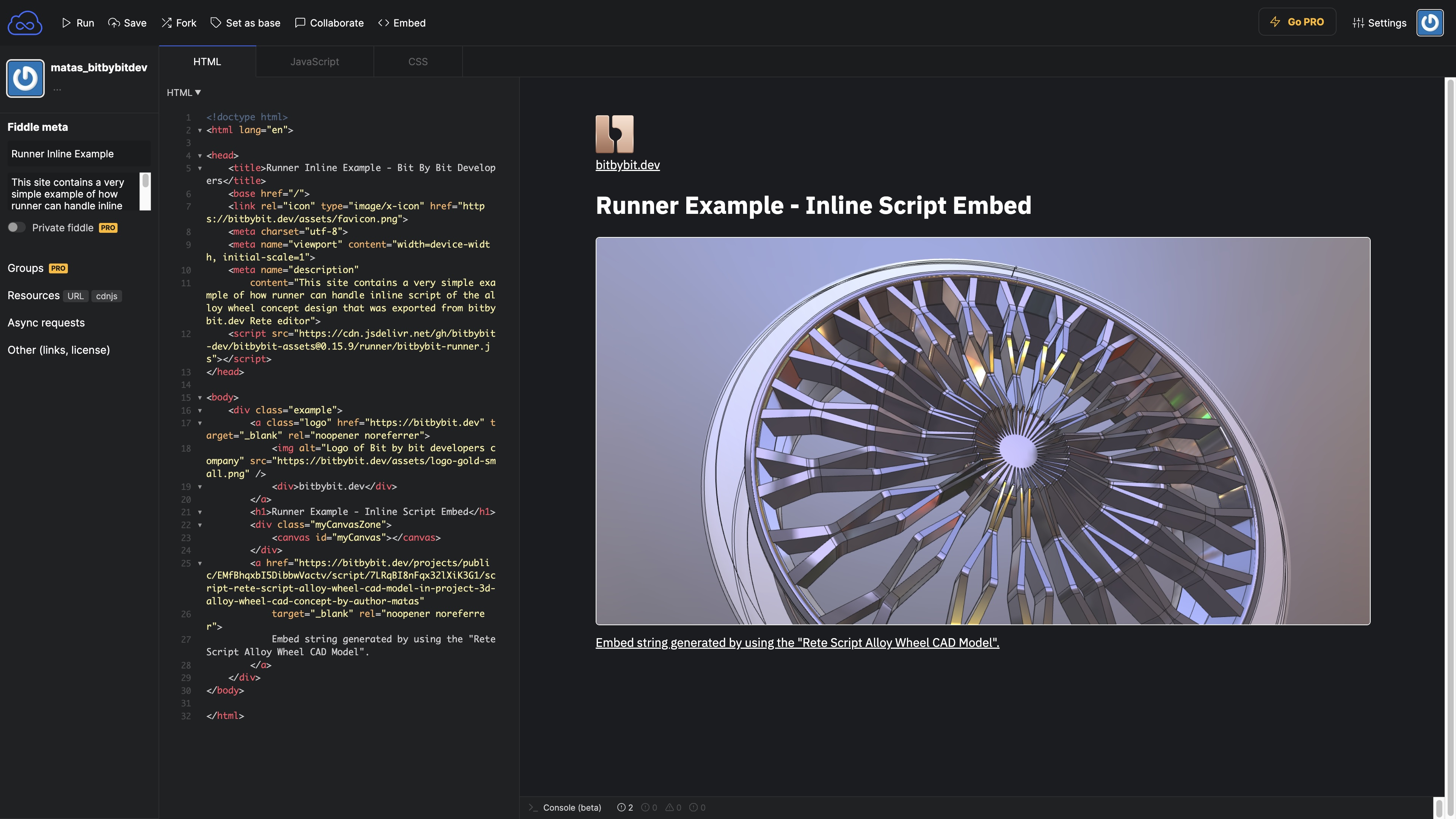 JSFiddle code editor showing the output of an alloy wheel CAD model designed with Bitbybit.dev and run via BITBYBIT-RUNNER.JS.