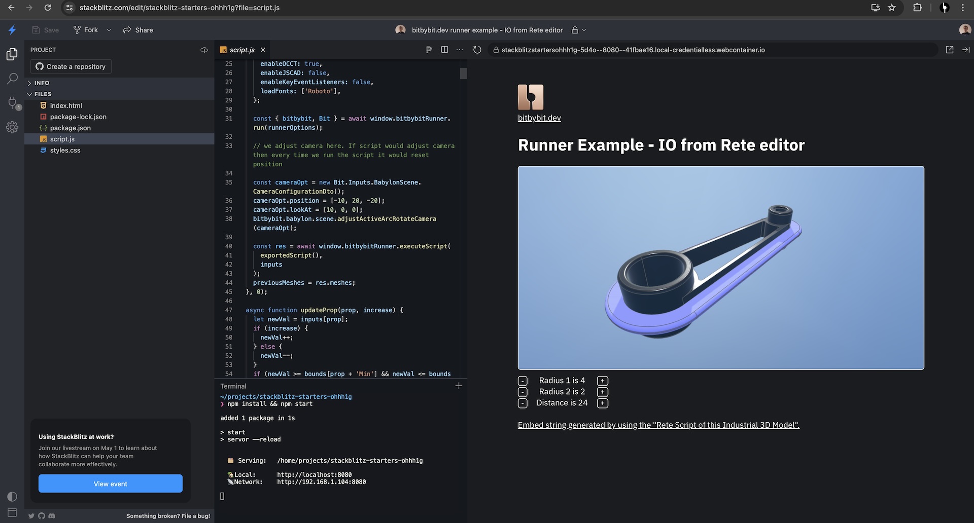 StackBlitz code editor showing a simple 3D model configurator that interacts with an exported Rete script via BITBYBIT-RUNNER.JS.