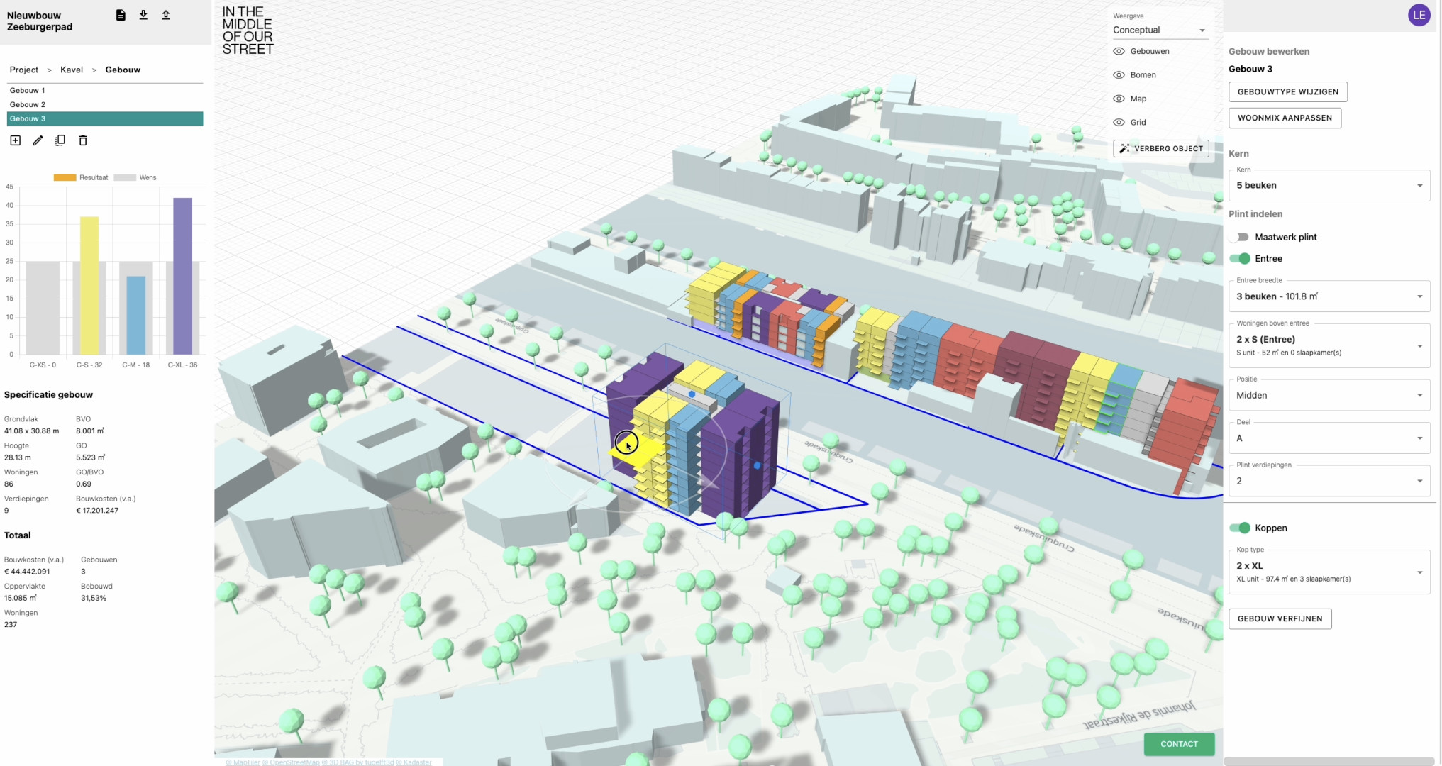 A screenshot from a video showing the MOOS modular housing configurator in action, displaying 3D building modules on a map interface.
