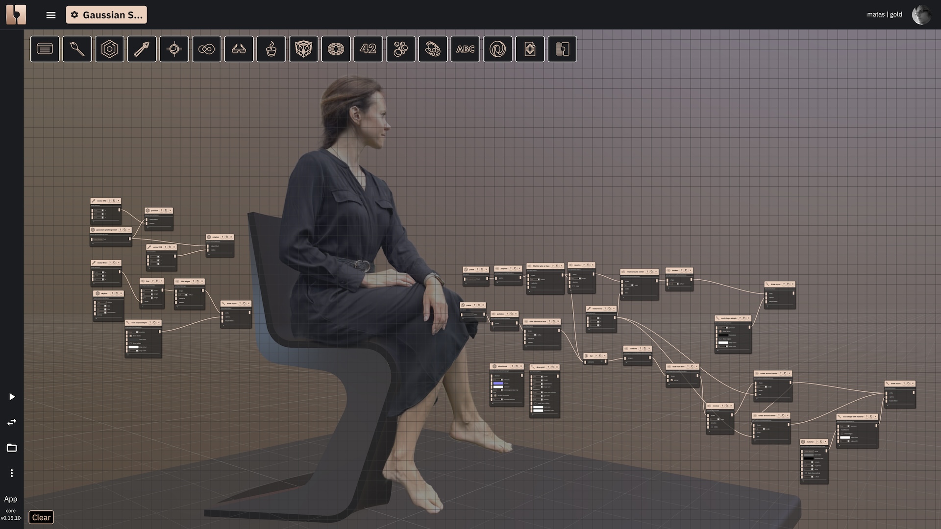 Import Gaussian Splat files into our editors. Rete editor showing a Gaussian Splatting 3D scan of a woman on a chair.