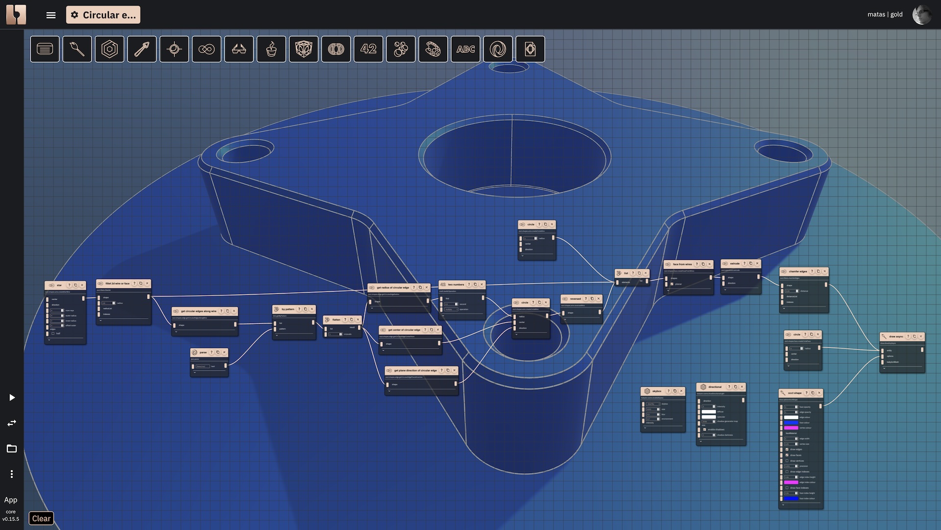 A visual representation of new features in Bitbybit.dev v0.15.5, showcasing complex geometric constructions.
