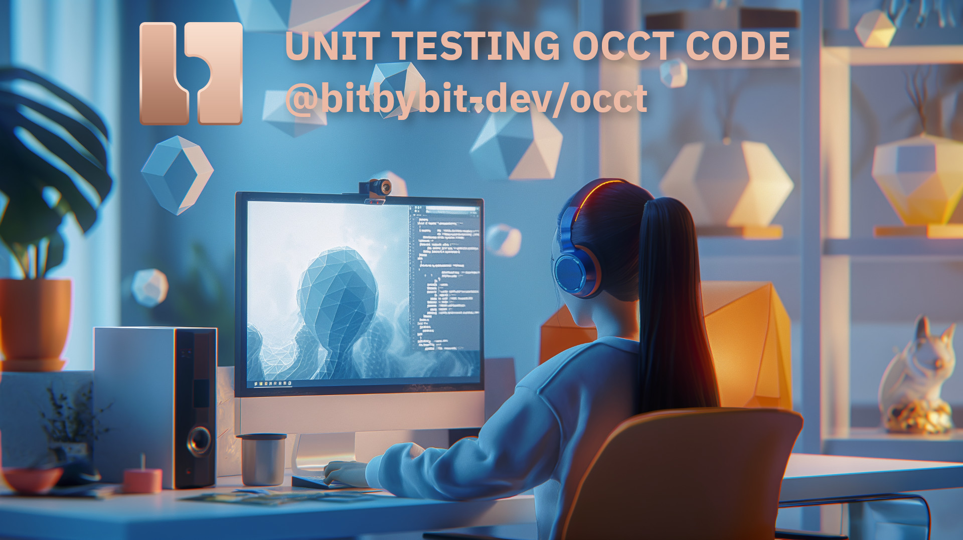 Looking for the best way to test 3D geometry algorithms. A girl is shown coding geometry in a room full of 3D printed objects.