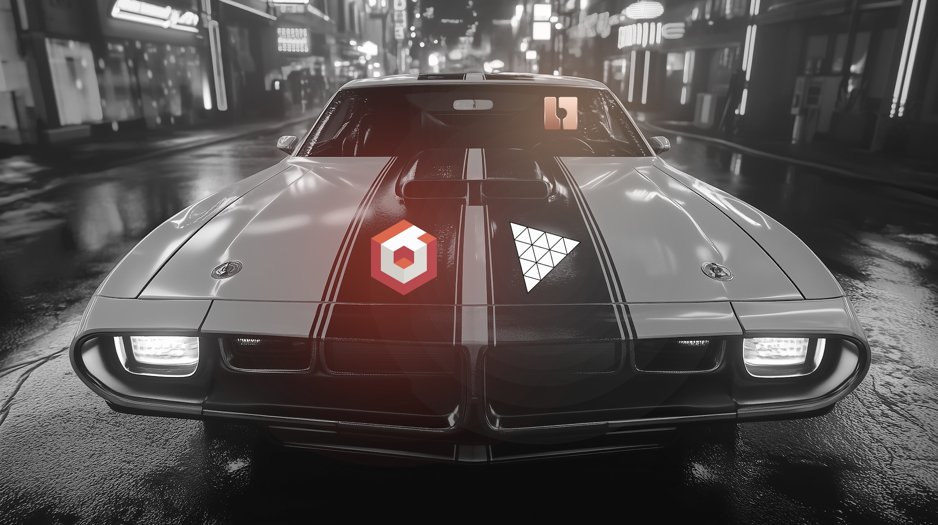 The muscle car with two engines under the gigantic hood - BabylonJS and ThreeJS driven by Bitbybit. A muscle car with two powerful engines under its hood - one representing BabylonJS and the other ThreeJS, both driven by the Bitbybit.dev platform.