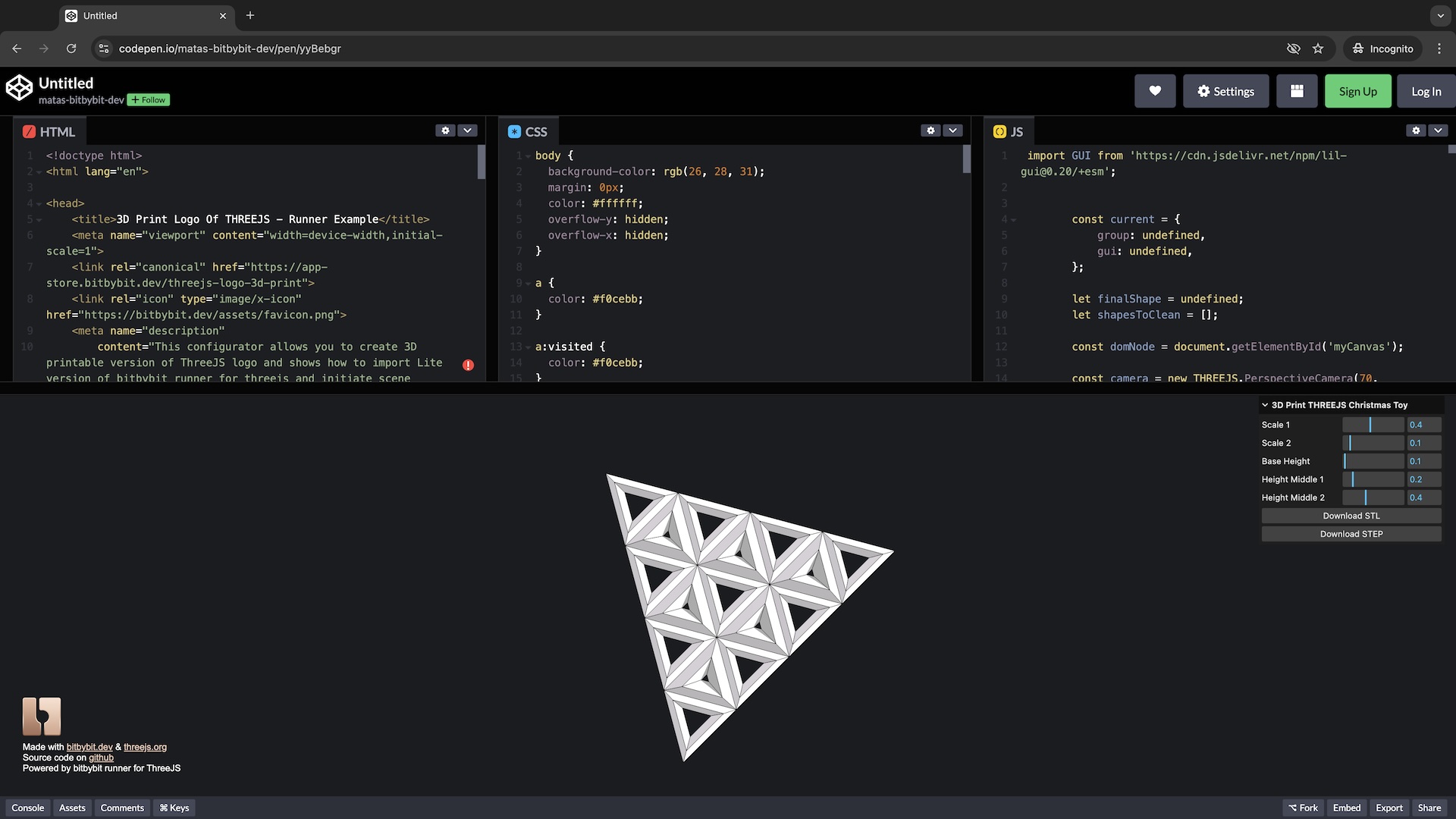 Example of the ThreeJS runner demo running on CodePen.