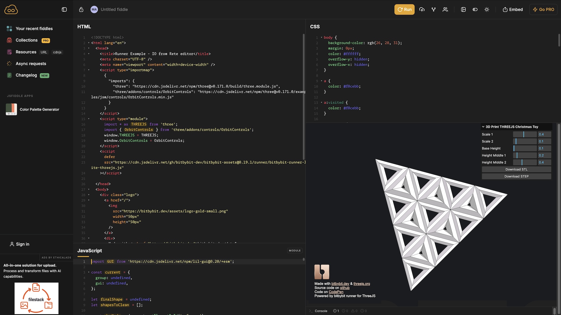 Example of the ThreeJS runner demo running on JSFiddle.