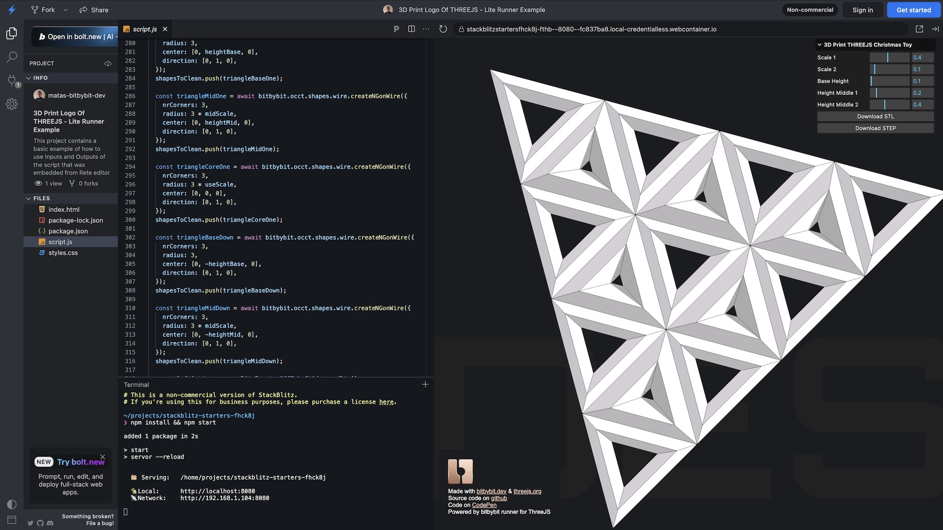 Example of the ThreeJS runner demo on StackBlitz.