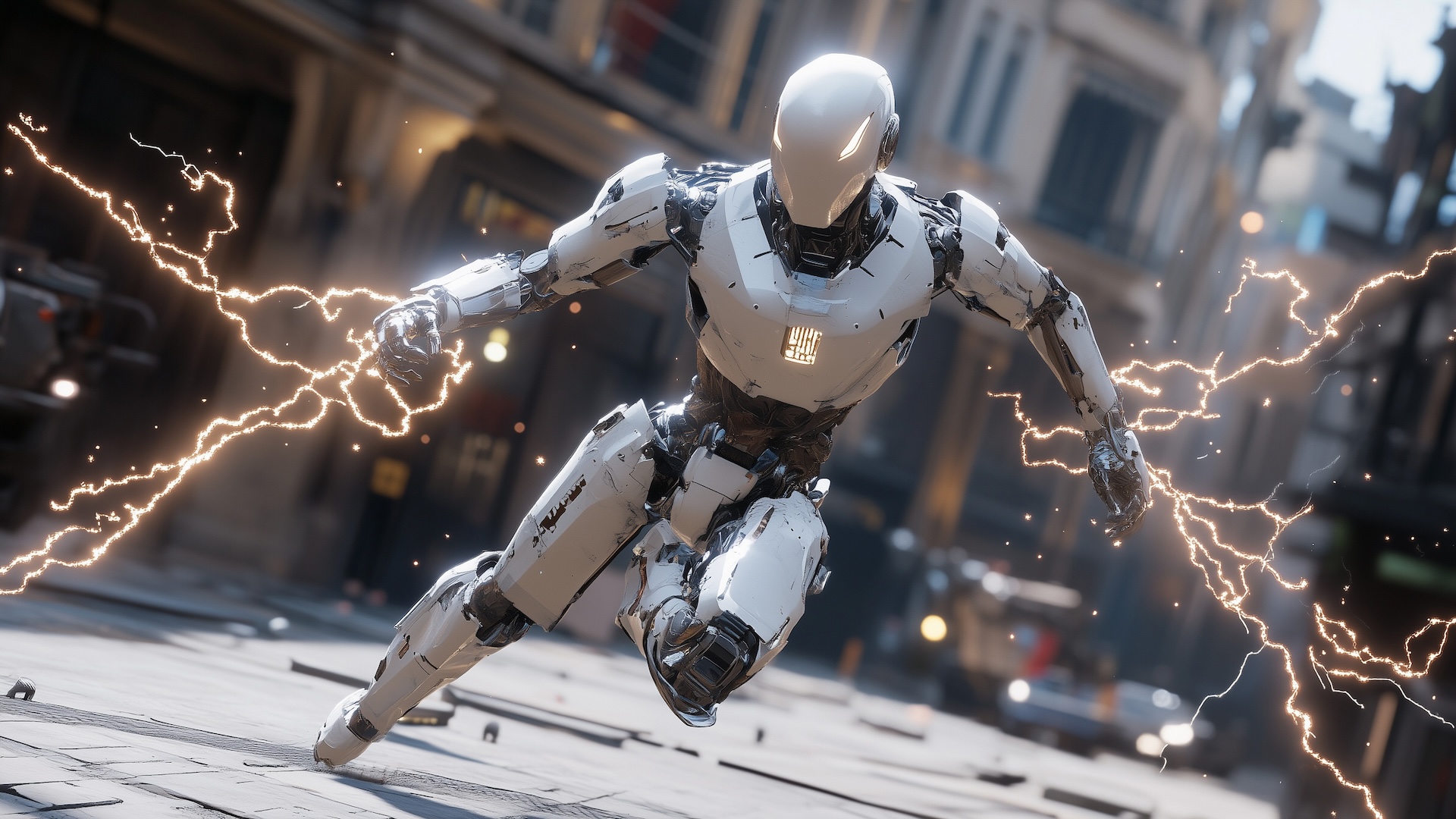 Robot running with lightning, symbolizing the power and speed of Bitbybit Runners.