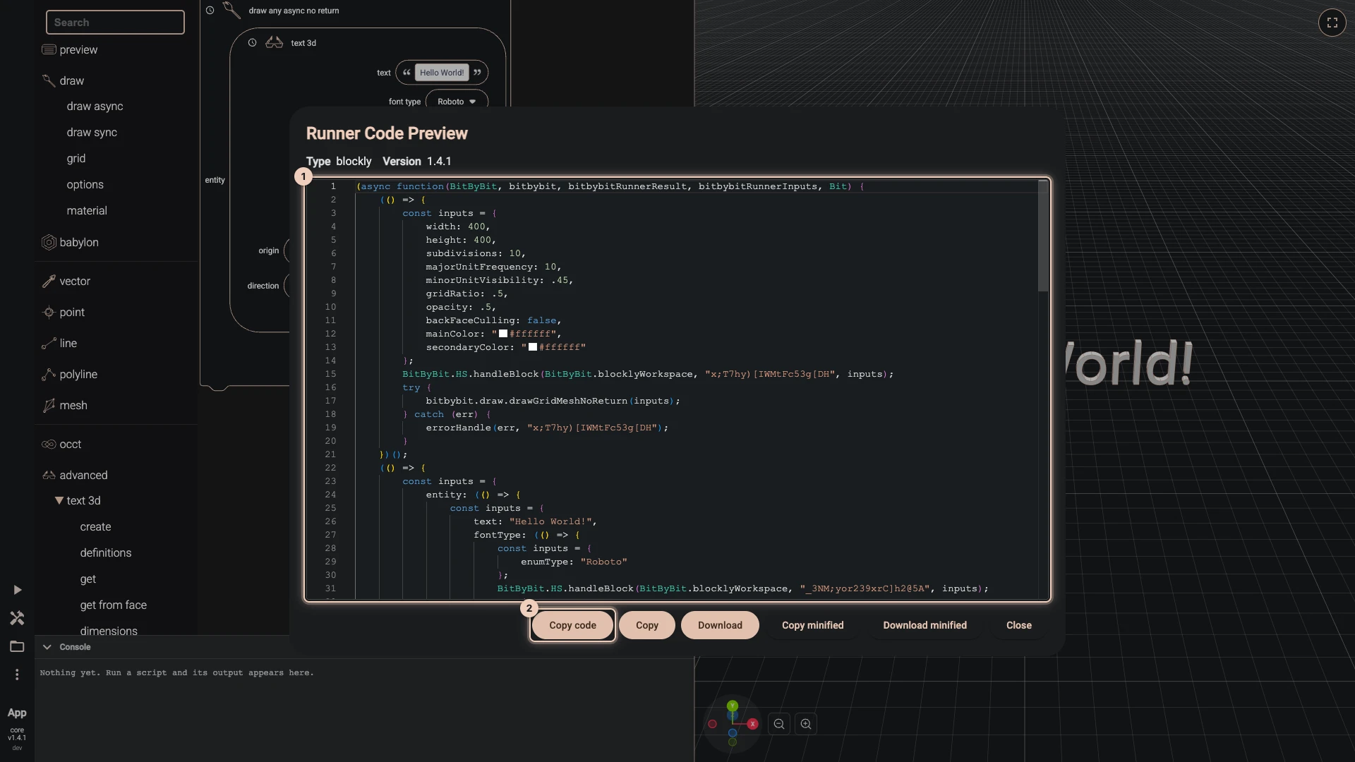 Runner Code Preview, opened from More, Export to runner: the JavaScript the blocks of Hello World turn into, with buttons to copy or download it