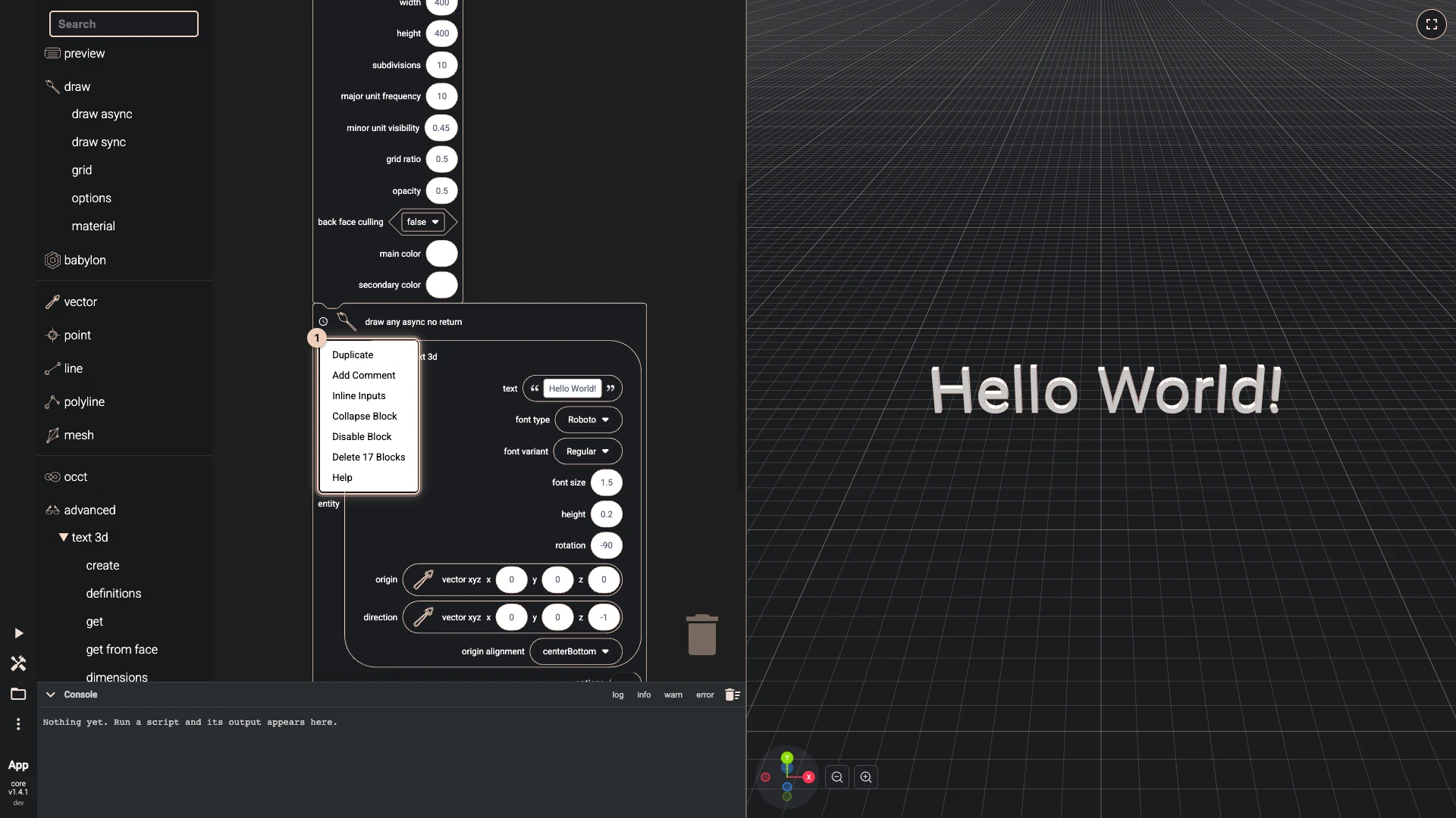 The menu a right-click on a block opens: duplicate it, add a comment, show its inputs inline or outside, collapse it, disable it, delete it, or open its help