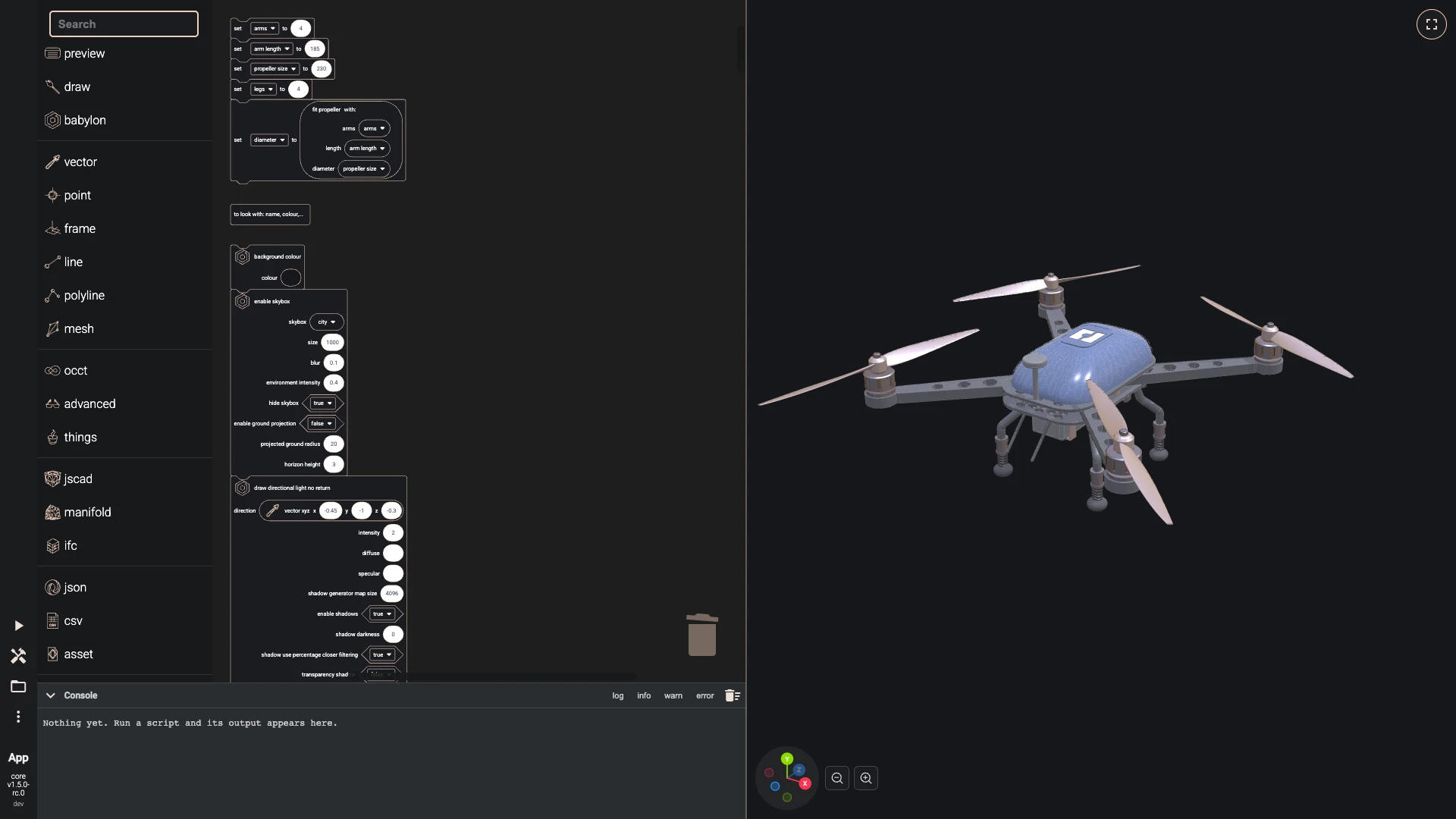 The drone in the Blockly editor: its functions collapsed, the stacks that size it and call them, and the drone they build beside them