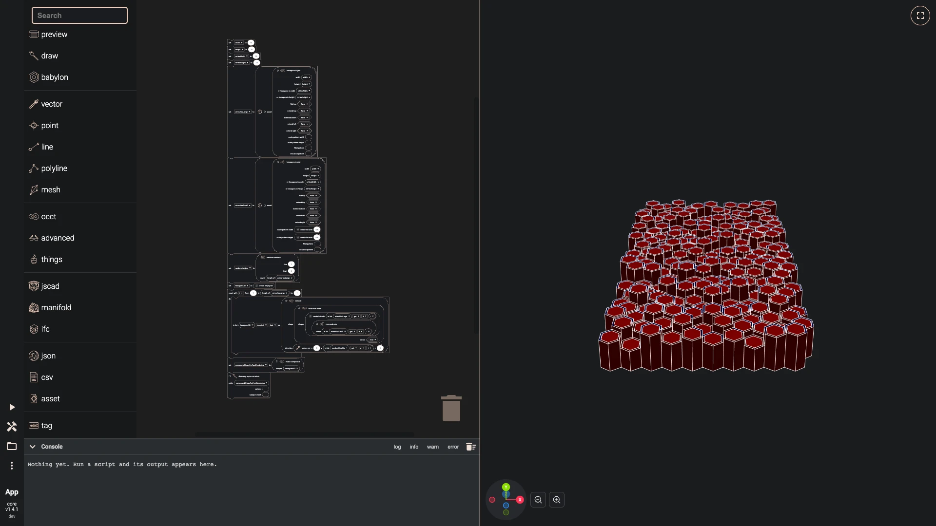 The hexagon hive showcase in the Blockly editor: its blocks on the workspace, and the model they build in the 3D view beside them