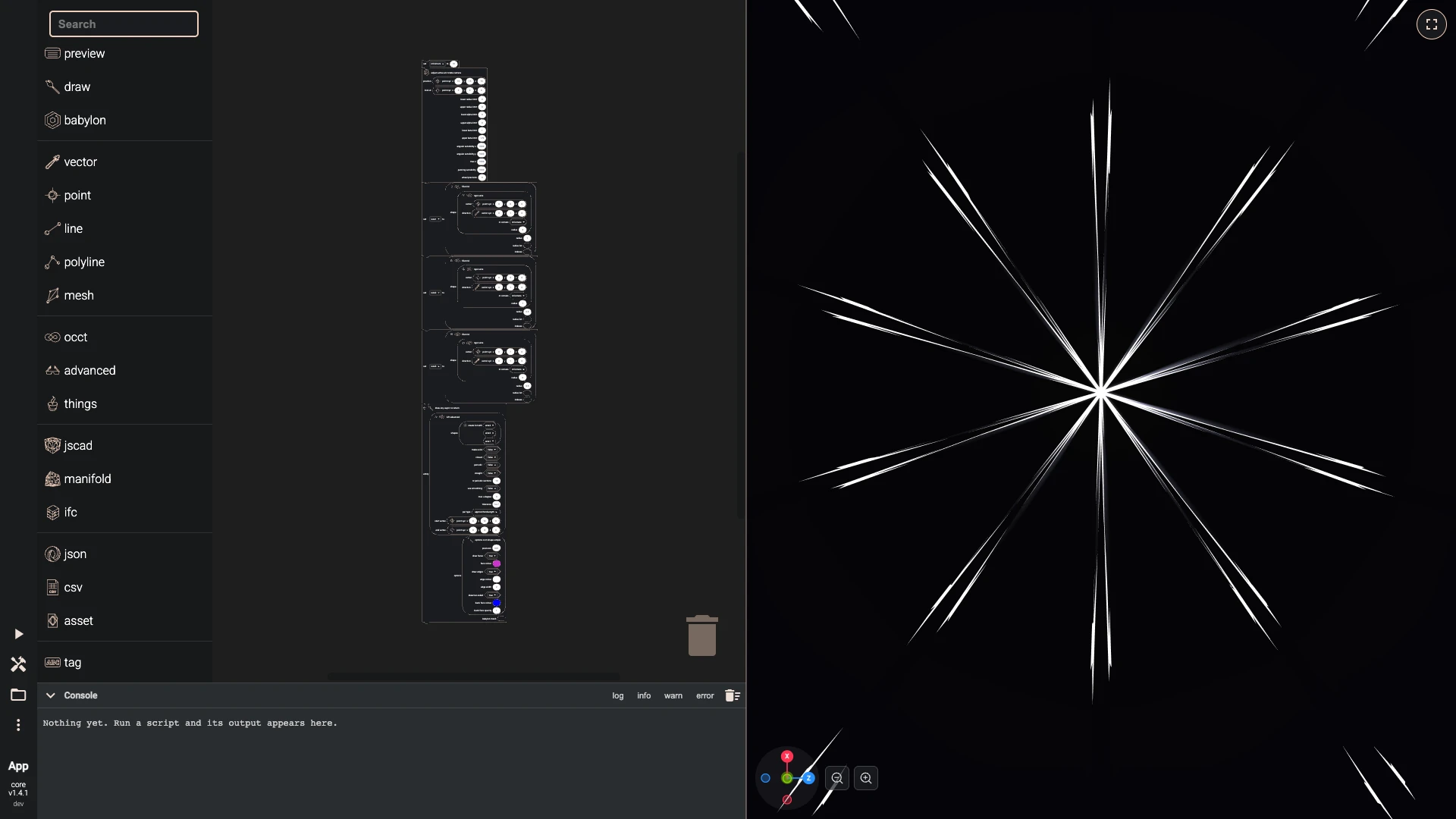 The advanced loft showcase in the Blockly editor: its blocks on the workspace, and the model they build in the 3D view beside them