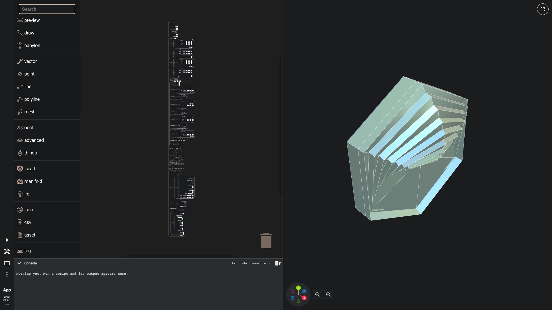 The twisted polygon ornament showcase in the Blockly editor: its blocks on the workspace, and the model they build in the 3D view beside them