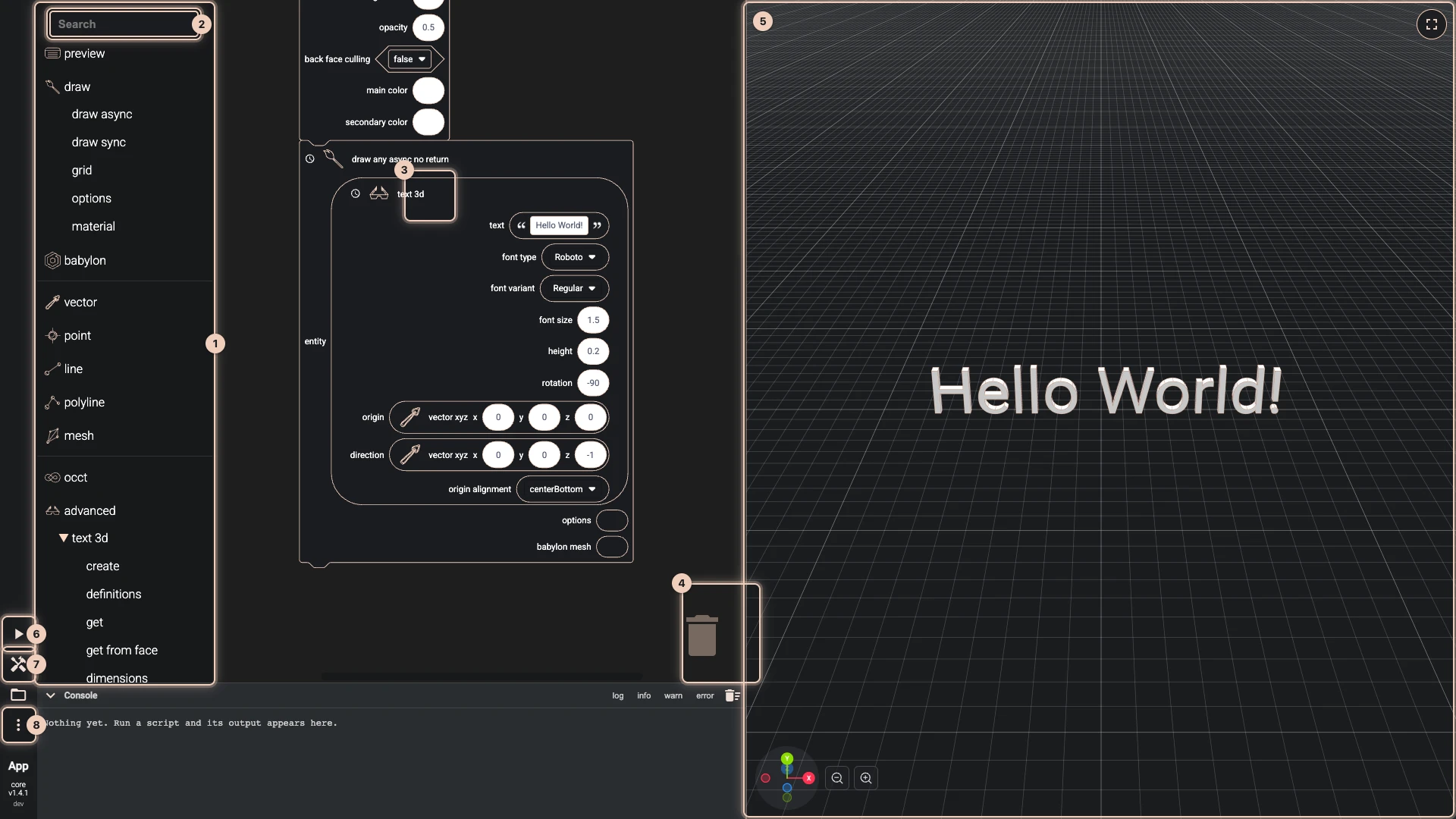The Blockly editor with the Hello World script: the toolbox and its search, the blocks on the workspace, the trash can, the 3D text in the 3D view, Run The Code, the toolbox button and More, numbered as the tour explains them