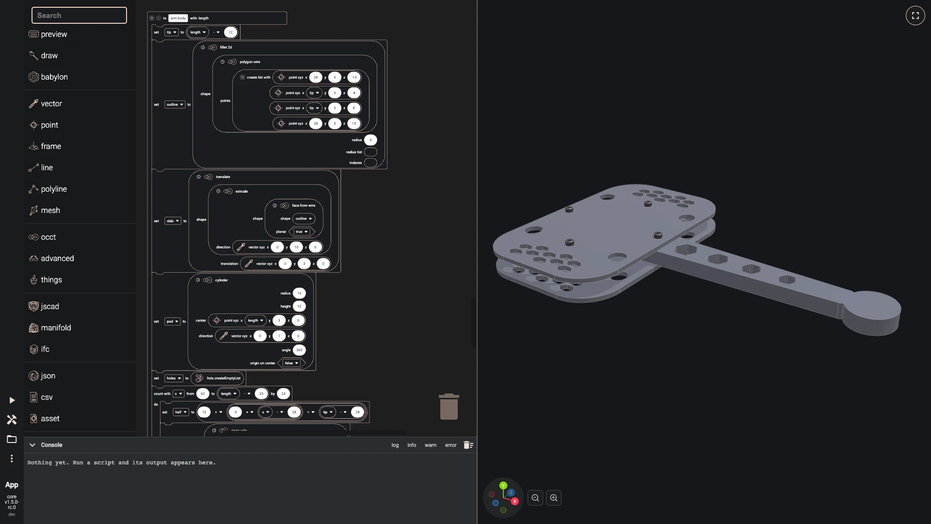 Build a drone in the Blockly editor, one arm: An arm narrows from 26 millimetres at the root to 16 at the tip, is rounded and extruded 10 millimetres onto the plate, and carries a round pad for the motor at its tip.