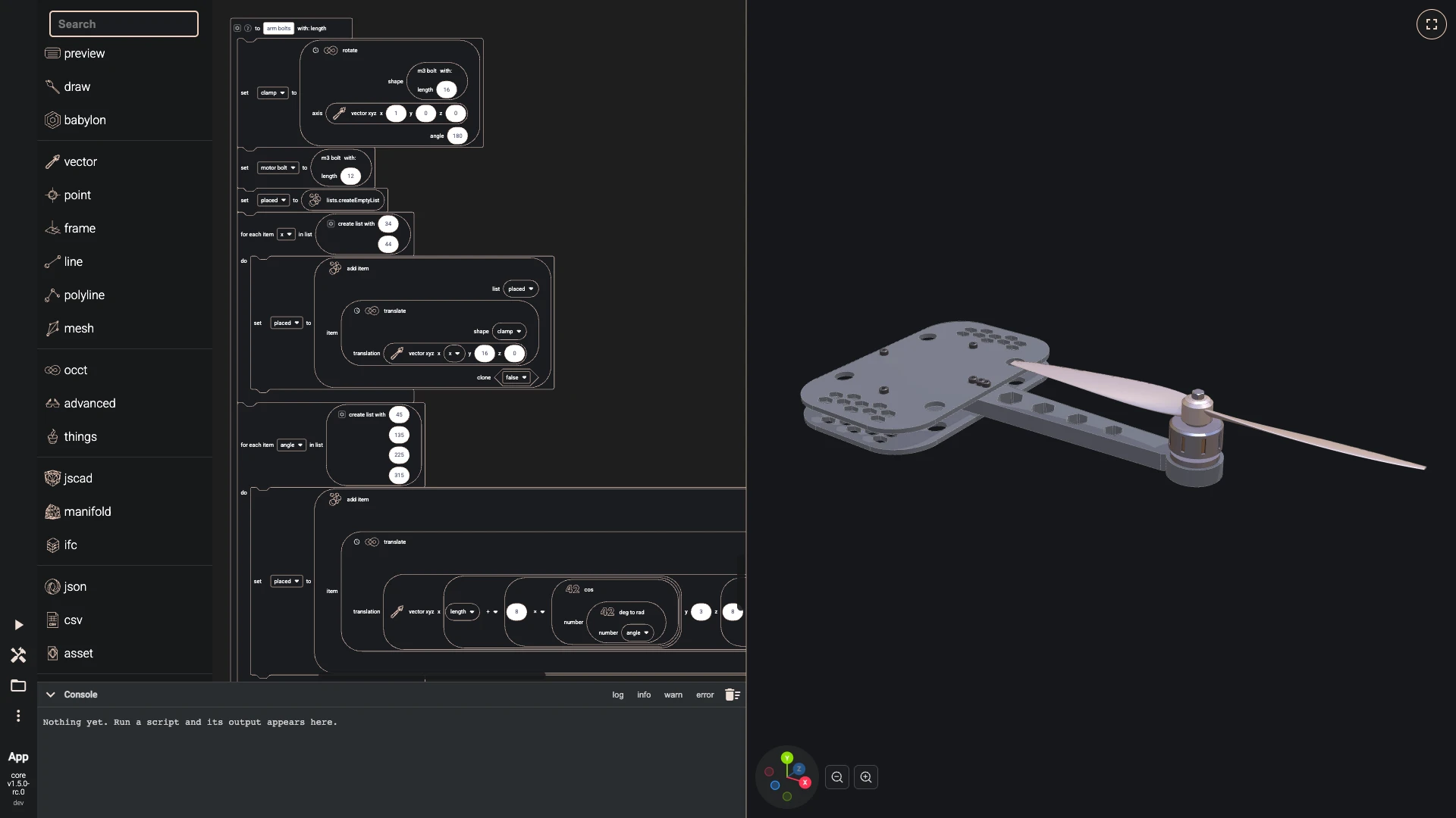 Build a drone in the Blockly editor, one arm: Six bolts hold the arm, two clamping it between the plates and four fixing the motor from below, all the M3 bolt again.