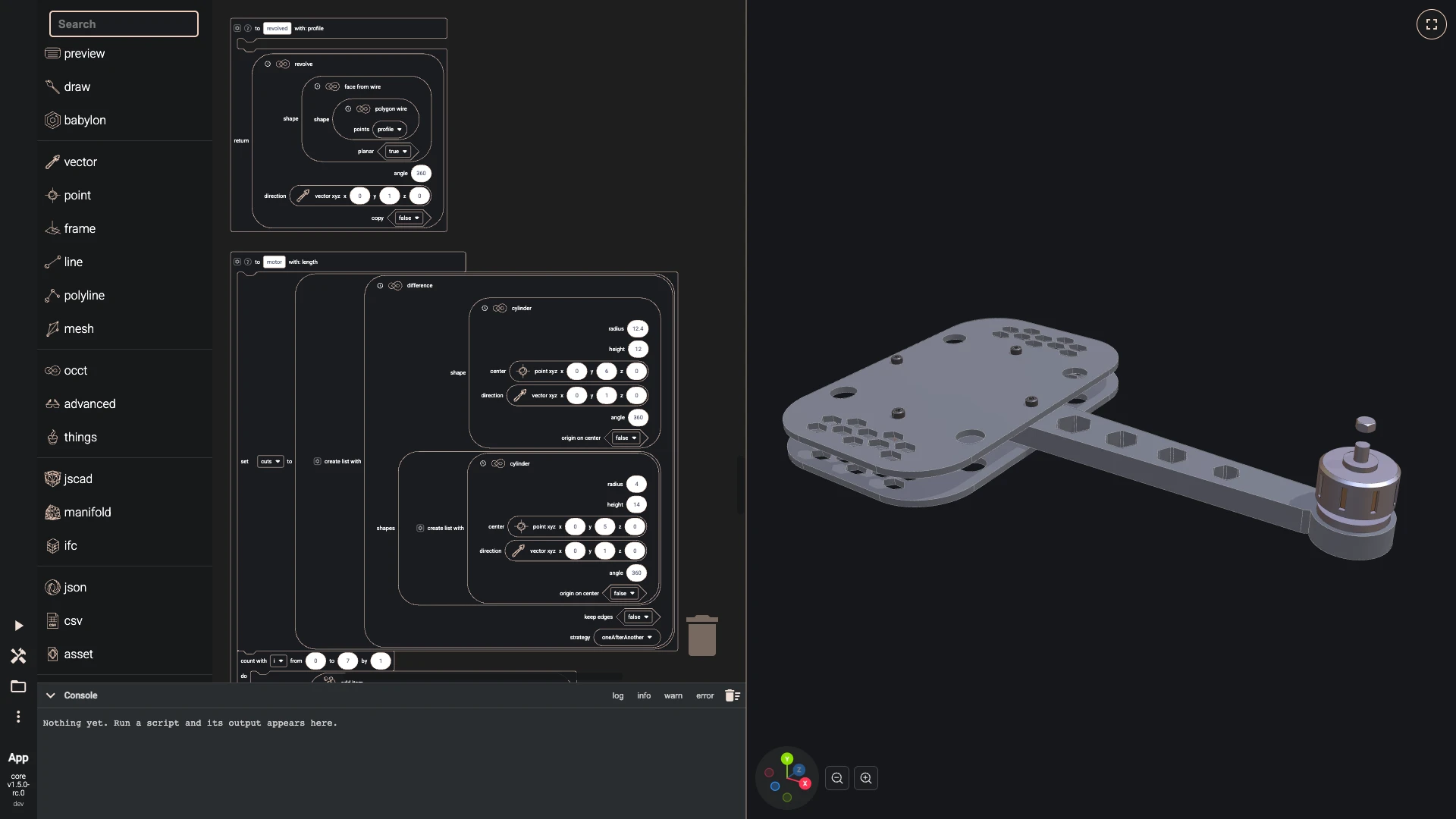 Build a drone in the Blockly editor, one arm: The motor's body is a profile revolved around its shaft, so a small function, revolved, does that for any list of points.
