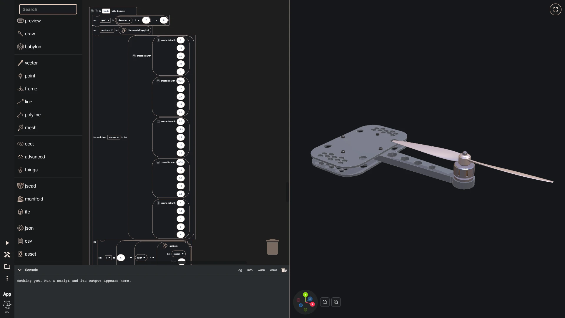 Build a drone in the Blockly editor, one arm: A blade is lofted through five twisted ellipses, from a thick root to a thin, swept tip.