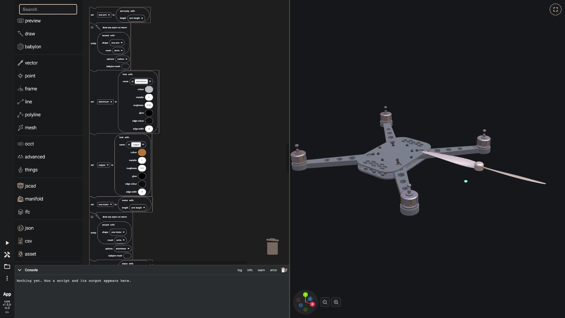 Build a drone in the Blockly editor, arms around the frame: around makes the one arm into as many as arms says: in each draw, replace the part with a call of around, and the arm, the motor, the stator and the bolts stand around the frame.