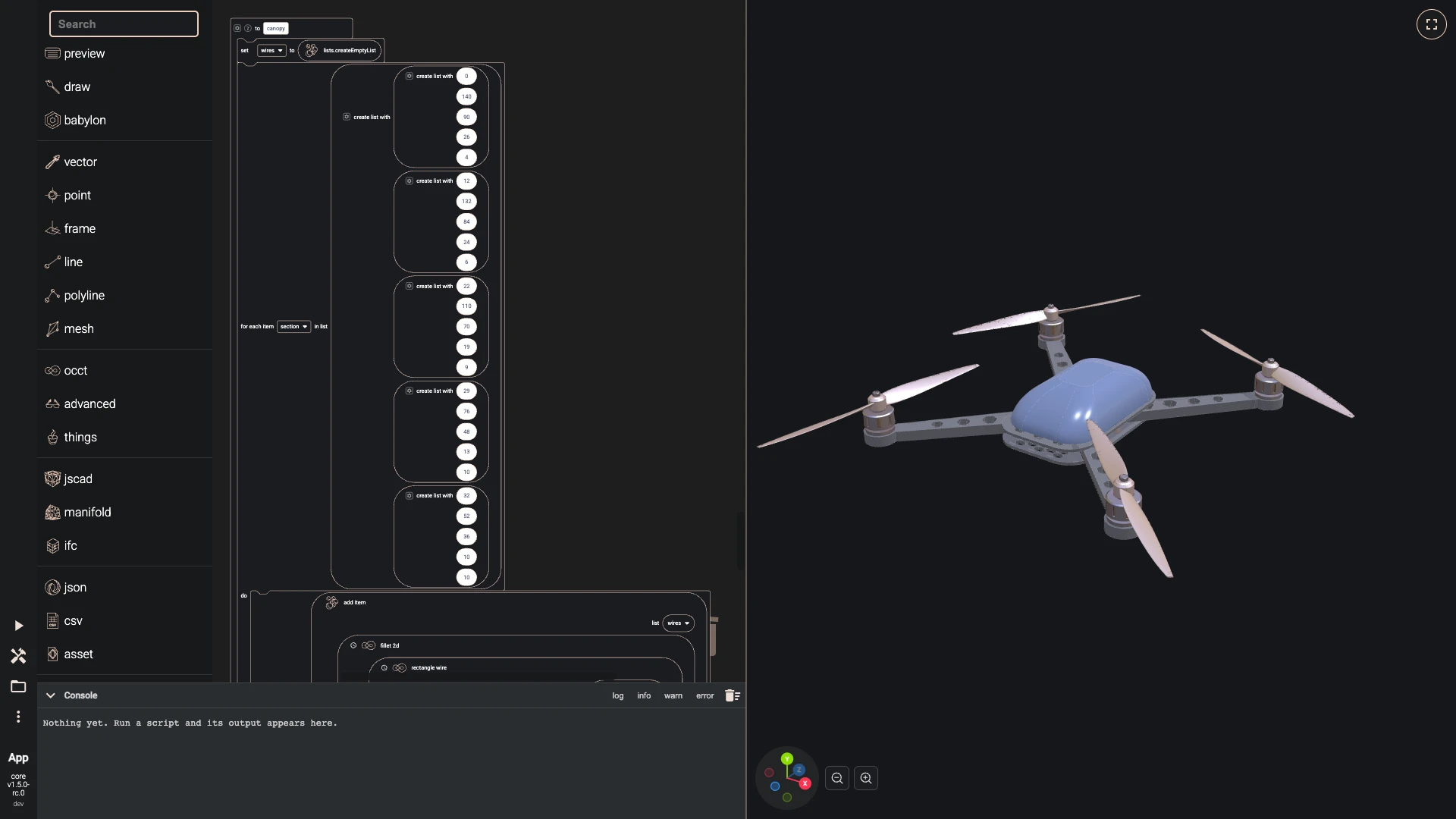 Build a drone in the Blockly editor, canopy and electronics: The canopy is lofted through five rounded rectangles that narrow as they rise; a list of lists gives each one's height, size and corner radius, and a for each loop makes them.