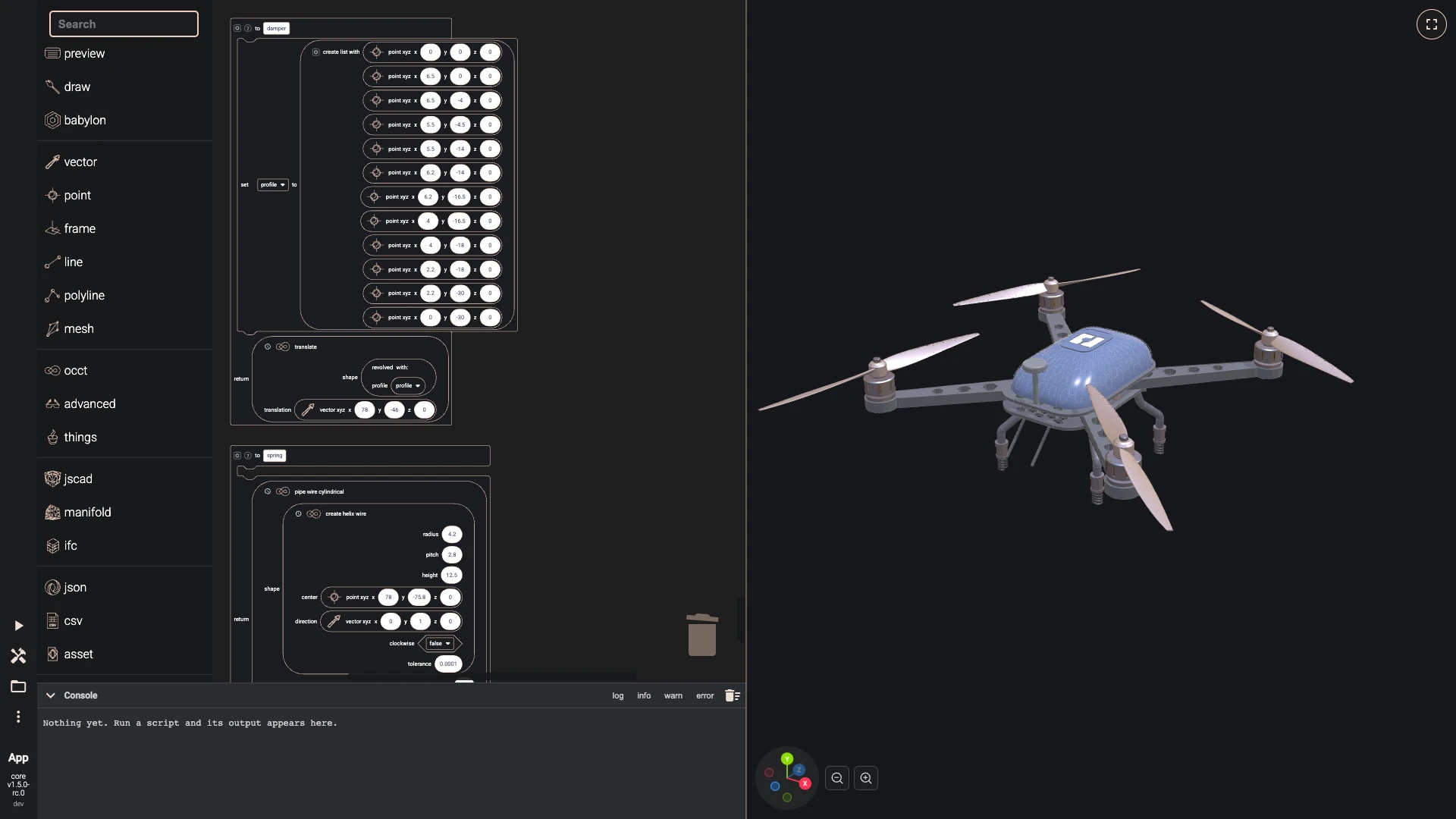 Build a drone in the Blockly editor, landing gear: At the end of each leg a damper, its aluminium body revolved from a profile of twelve points by the revolved function the motor uses, and a steel spring, a pipe swept along a helix.