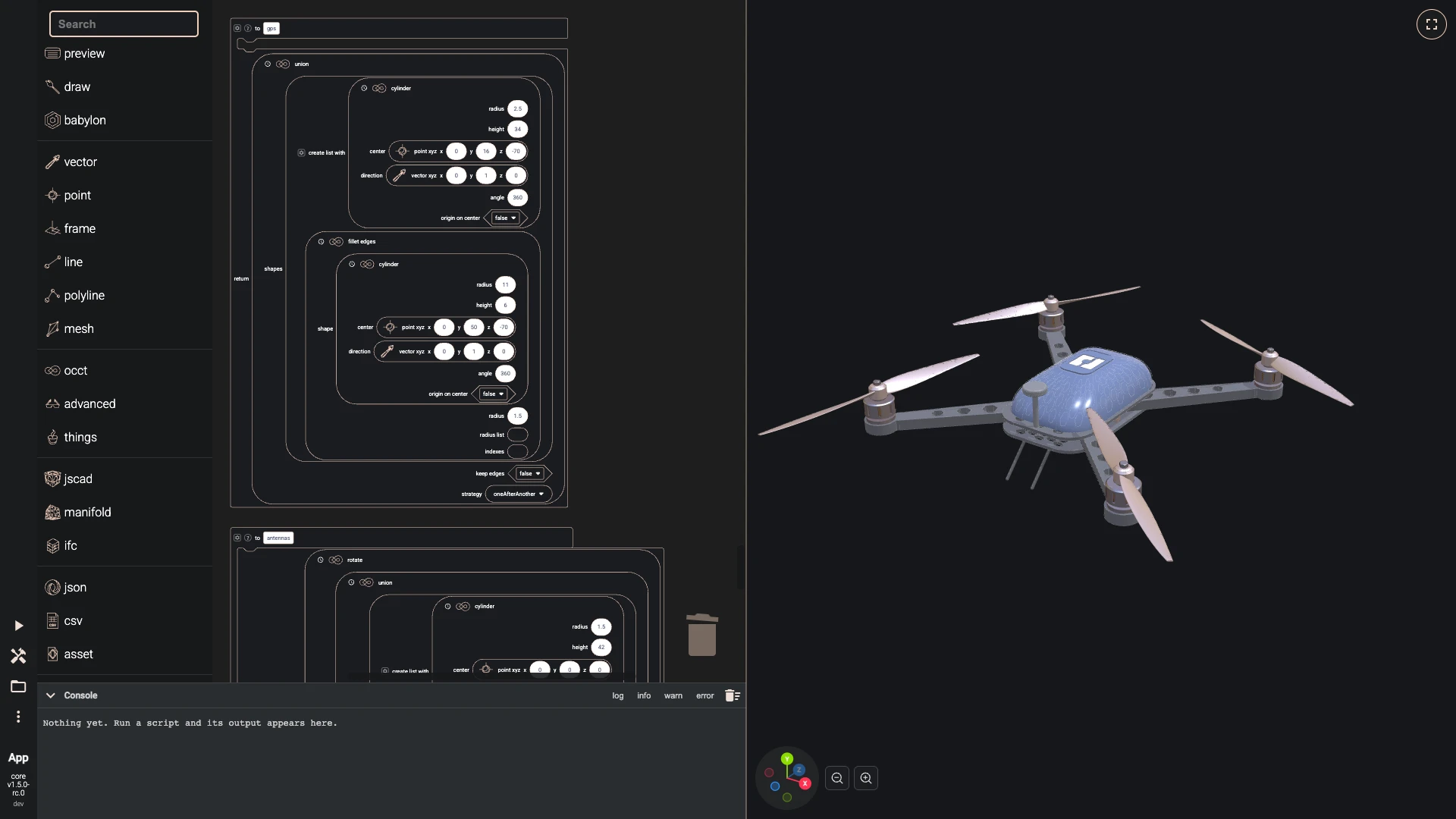 Build a drone in the Blockly editor, canopy and electronics: The GPS stands on a mast behind the canopy, its puck's edges rounded, and two antennas angle down and back from the bottom plate.