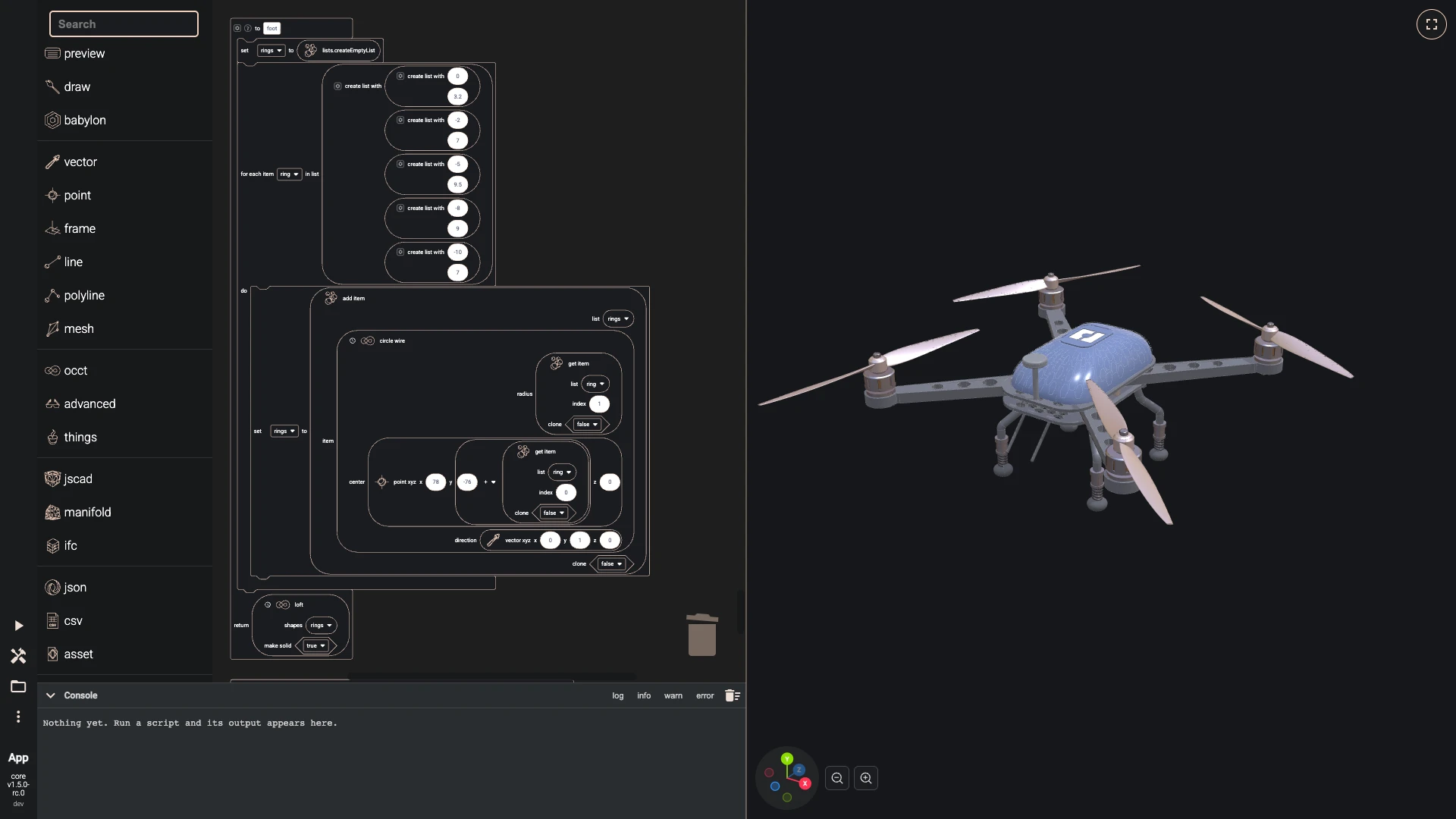 Build a drone in the Blockly editor, landing gear: A rubber foot is lofted through five circles, and two M3 bolts fix each leg's flange to the plate.