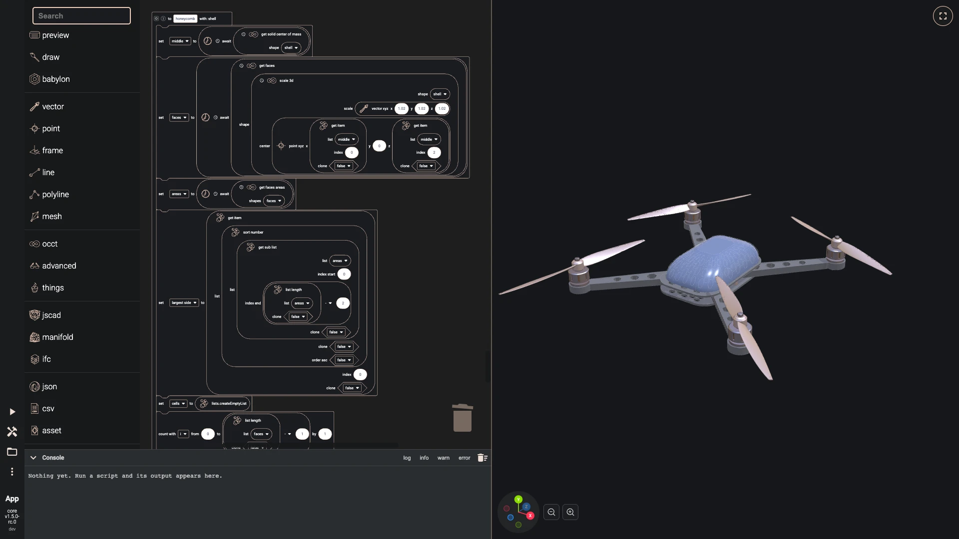 Build a drone in the Blockly editor, canopy and electronics: A honeycomb is traced on the canopy's sides by an async function.