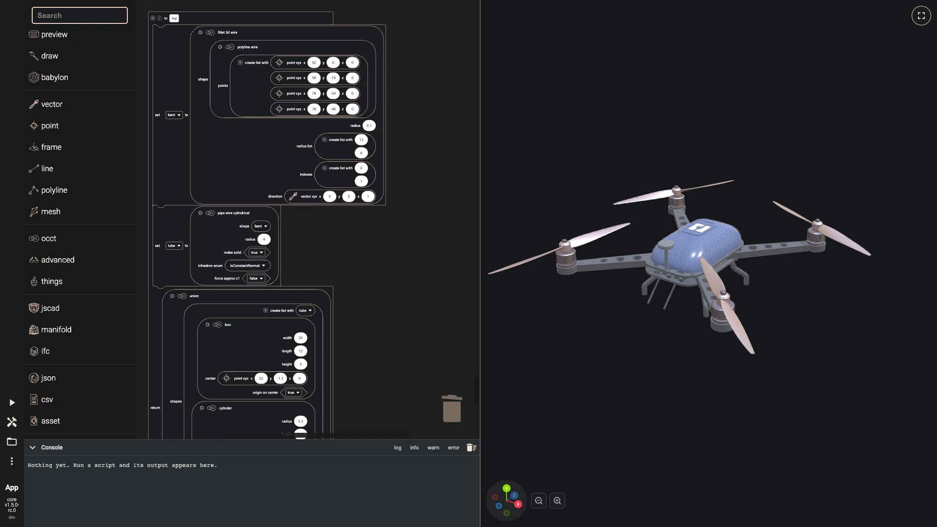 Build a drone in the Blockly editor, landing gear: A leg is a carbon tube bent twice on its way down: a polyline whose corners are filleted, with a circle swept along it, and a flange and a boss that pass through the leg opening.