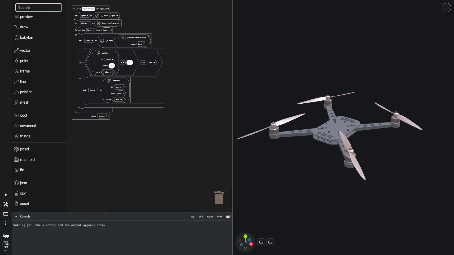 Build a drone in the Blockly editor, arms around the frame: The lights repeat too.