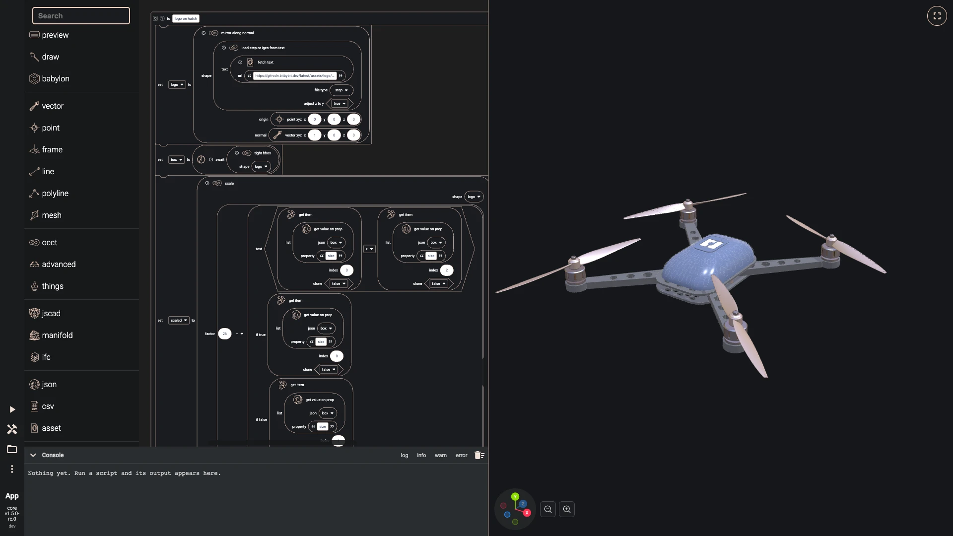 Build a drone in the Blockly editor, canopy and electronics: A hatch closes the top, with the bitbybit logo in it.