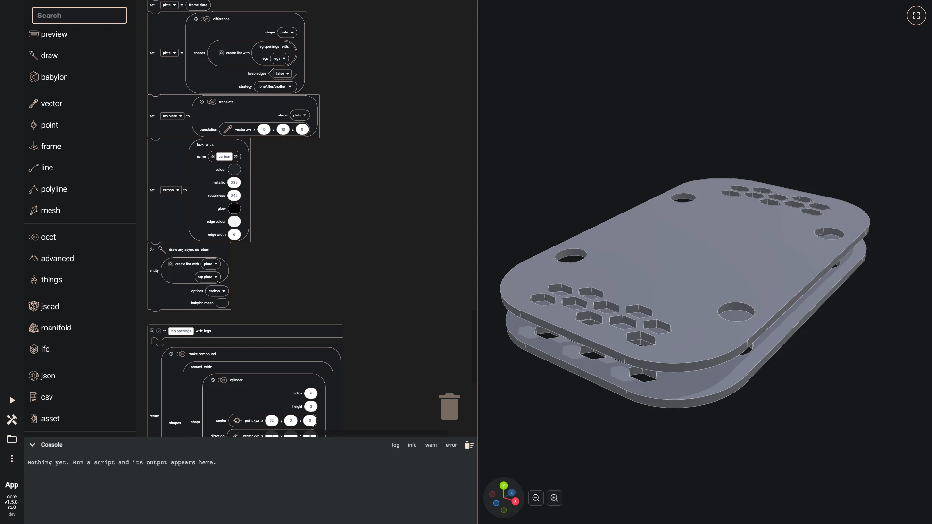 Build a drone in the Blockly editor, around, bolts and standoffs: Arms, motors, propellers, legs and standoffs all stand evenly around the drone, so one function, around, repeats a shape count times around the upright axis.