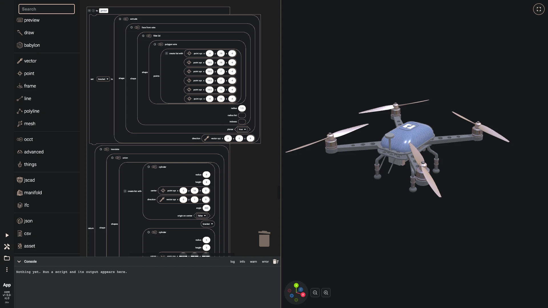 Build a drone in the Blockly editor, payload and sizes: The payload hangs under the frame: a camera on its gimbal at the front, its lens in glass, and the battery in two straps.