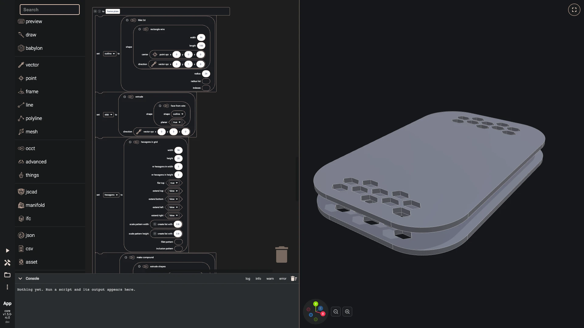 Build a drone in the Blockly editor, sizes, stage and the frame: The frame plate is a function too: a rounded rectangle, 96 by 150 millimetres, made into a face and extruded 3 millimetres, with hexagon vents from a grid cut through it at the front and the back.