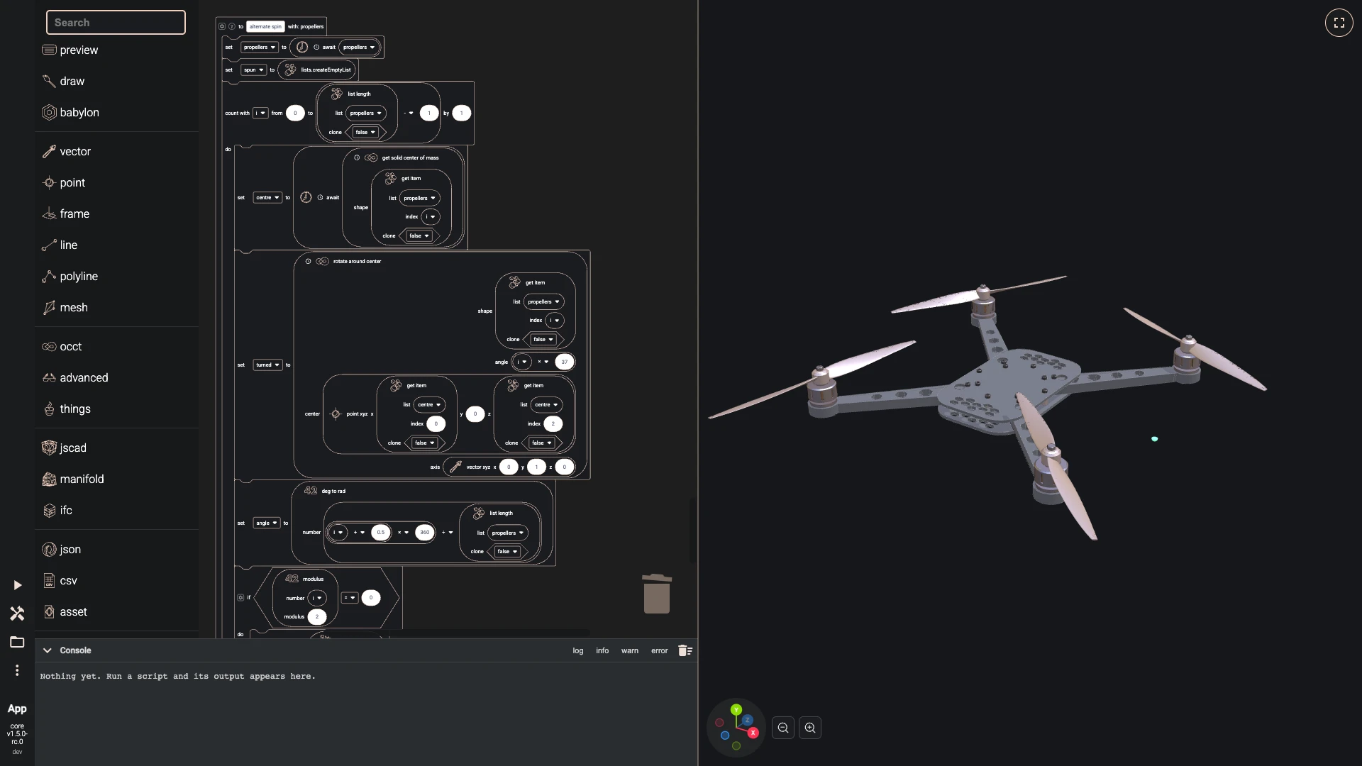 Build a drone in the Blockly editor, arms around the frame: Neighbouring propellers turn opposite ways, so the drone does not spin.