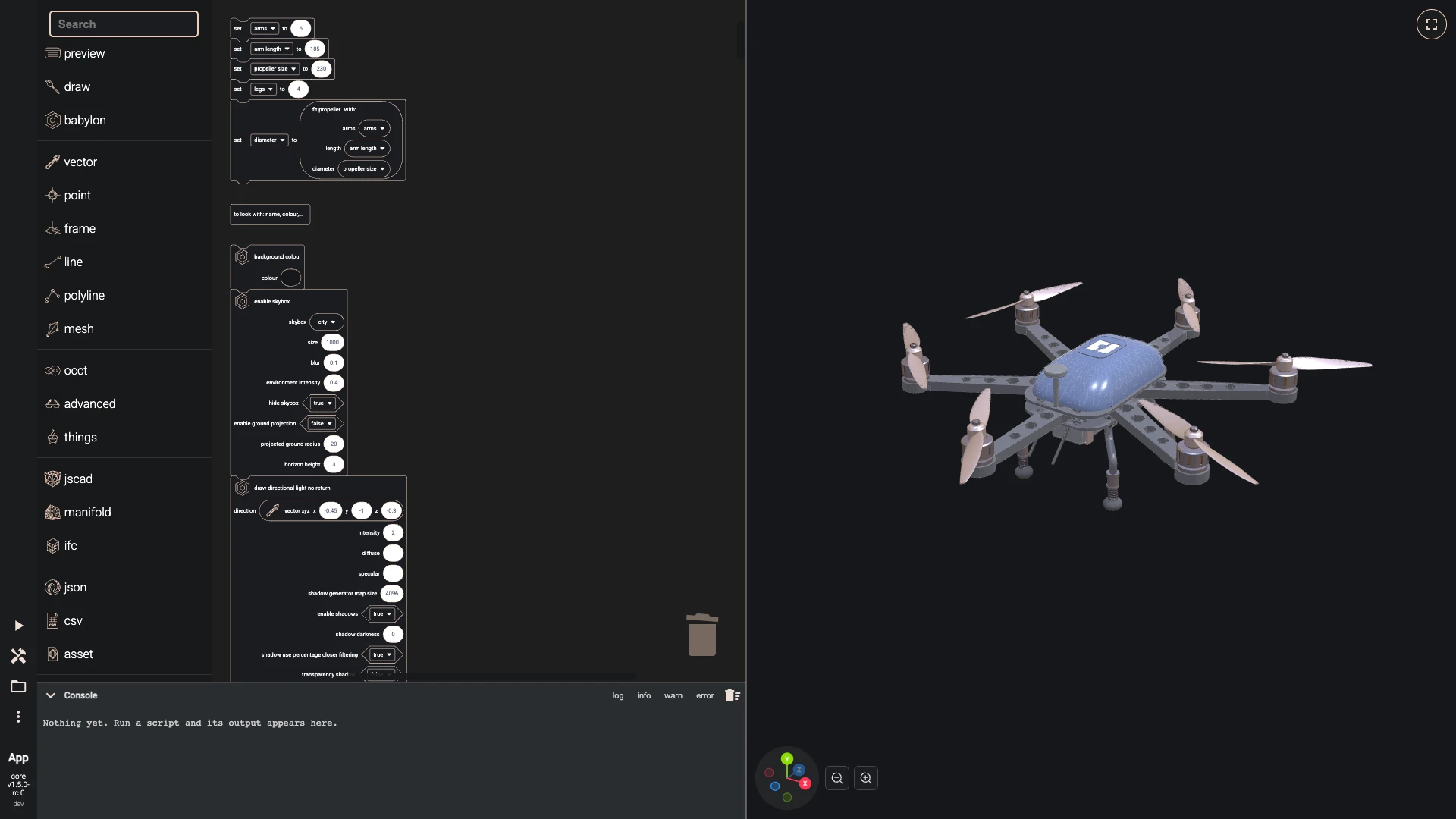Build a drone in the Blockly editor, payload and sizes: Change one number: with six arms the drone rebuilds, everything around repeats follows, and the propeller shrinks to fit between its neighbours.
